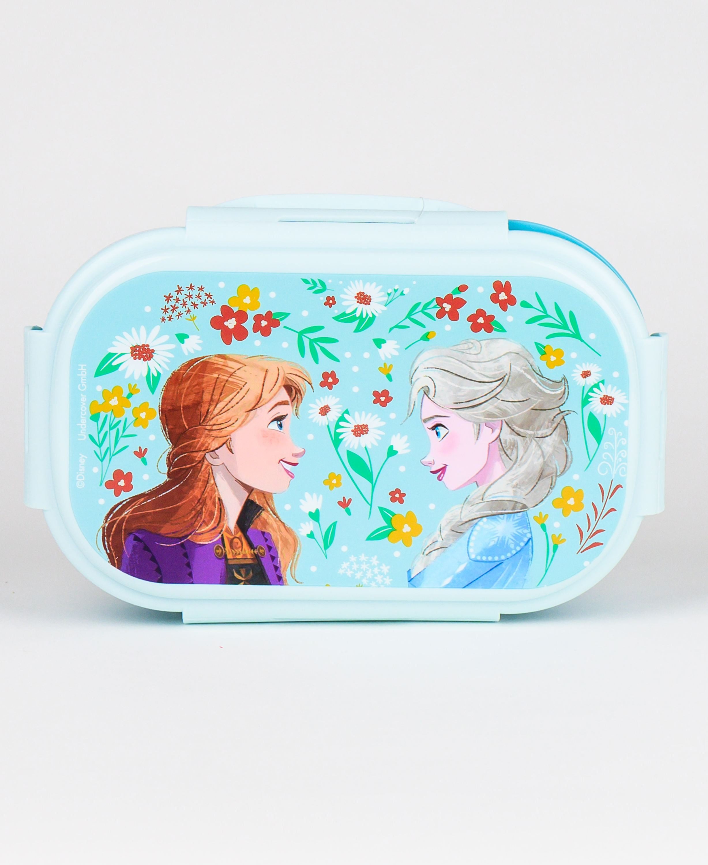 Disney Frozen Lunchbox Elsa Anna Kunststoff 2 tlg Kinder Brotdose mit 2 Fach Unterteilung Goffel Messer BPA frei Inklusive praktischer Gabel Loffel Messer Kombination