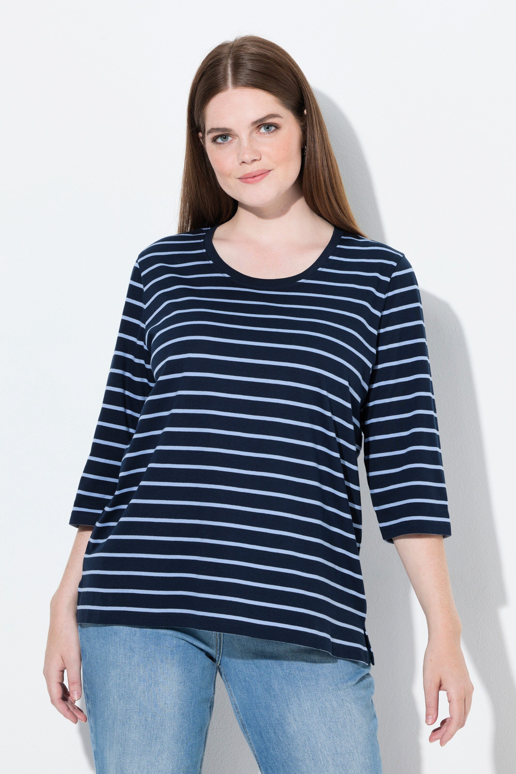 Ulla Popken T-Shirt Shirt Ringel Rundhals 3/4-Arm Biobaumwolle günstig online kaufen