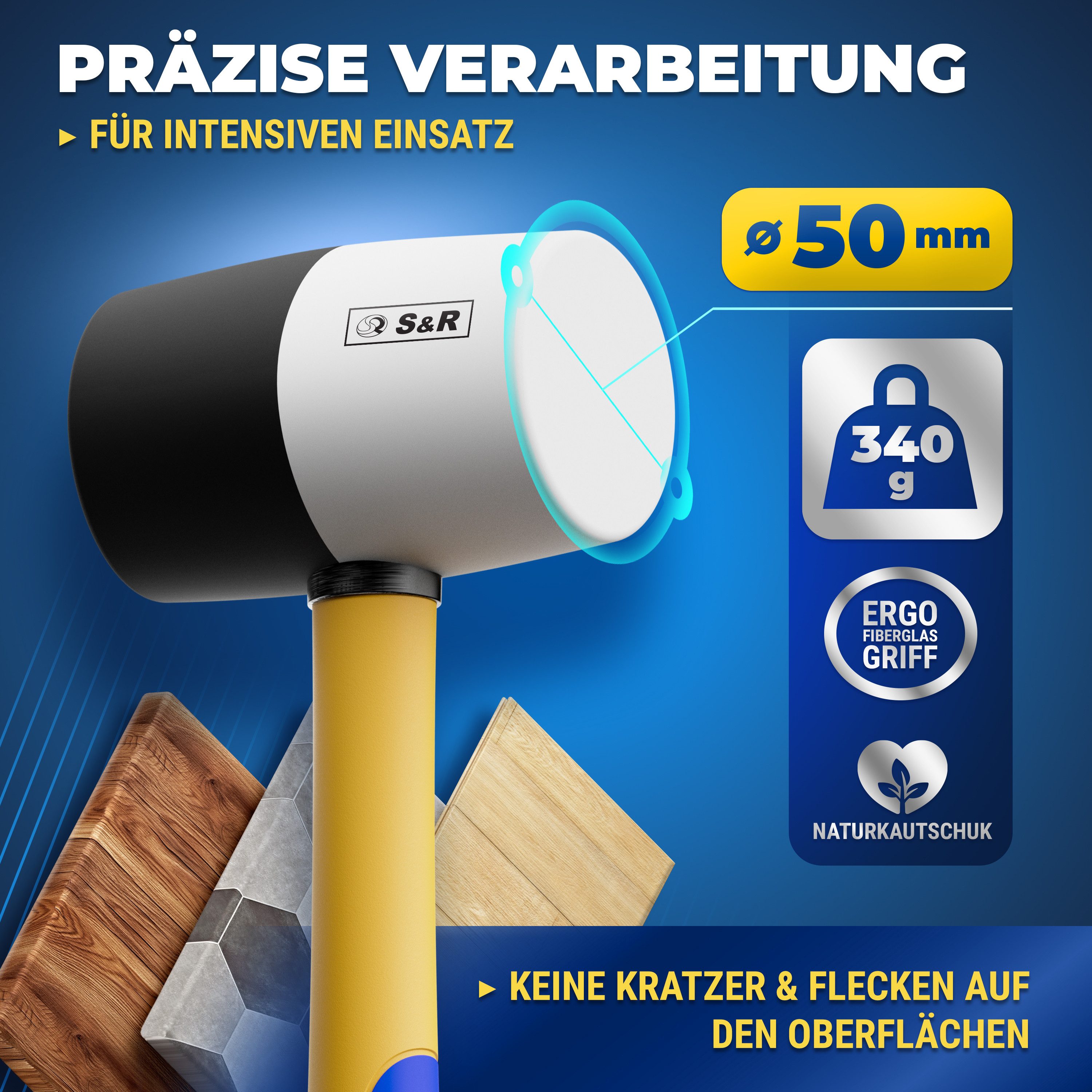 S&R Gummihammer Gummihammer Pflasterhammer Schwarz/Weiß 340g Profi Naturkautschuk (1-St), für Außenarbeiten zB. Pflastersteine, Fliesen, Camping – Bild 2 von 5