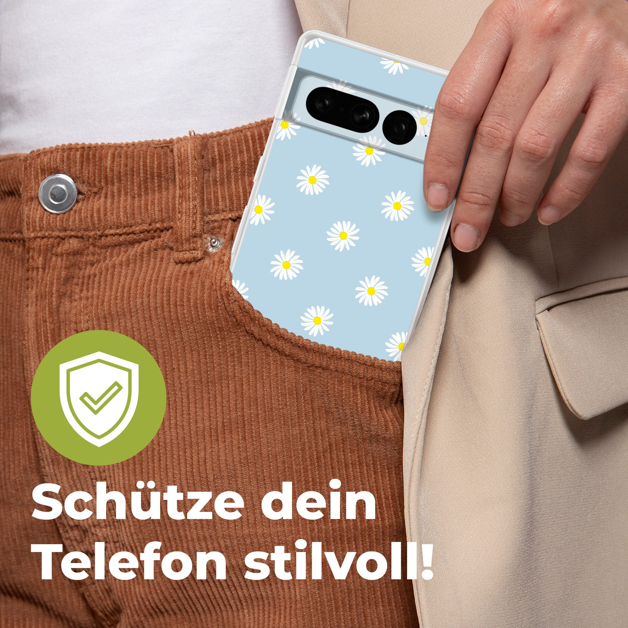 MuchoWow Handyhülle für Google Pixel 7 Pro Gänseblümchen - Pastell - Weiß - Blau - Blumen, Phone Case, Silikon, Schutzhülle Dünn