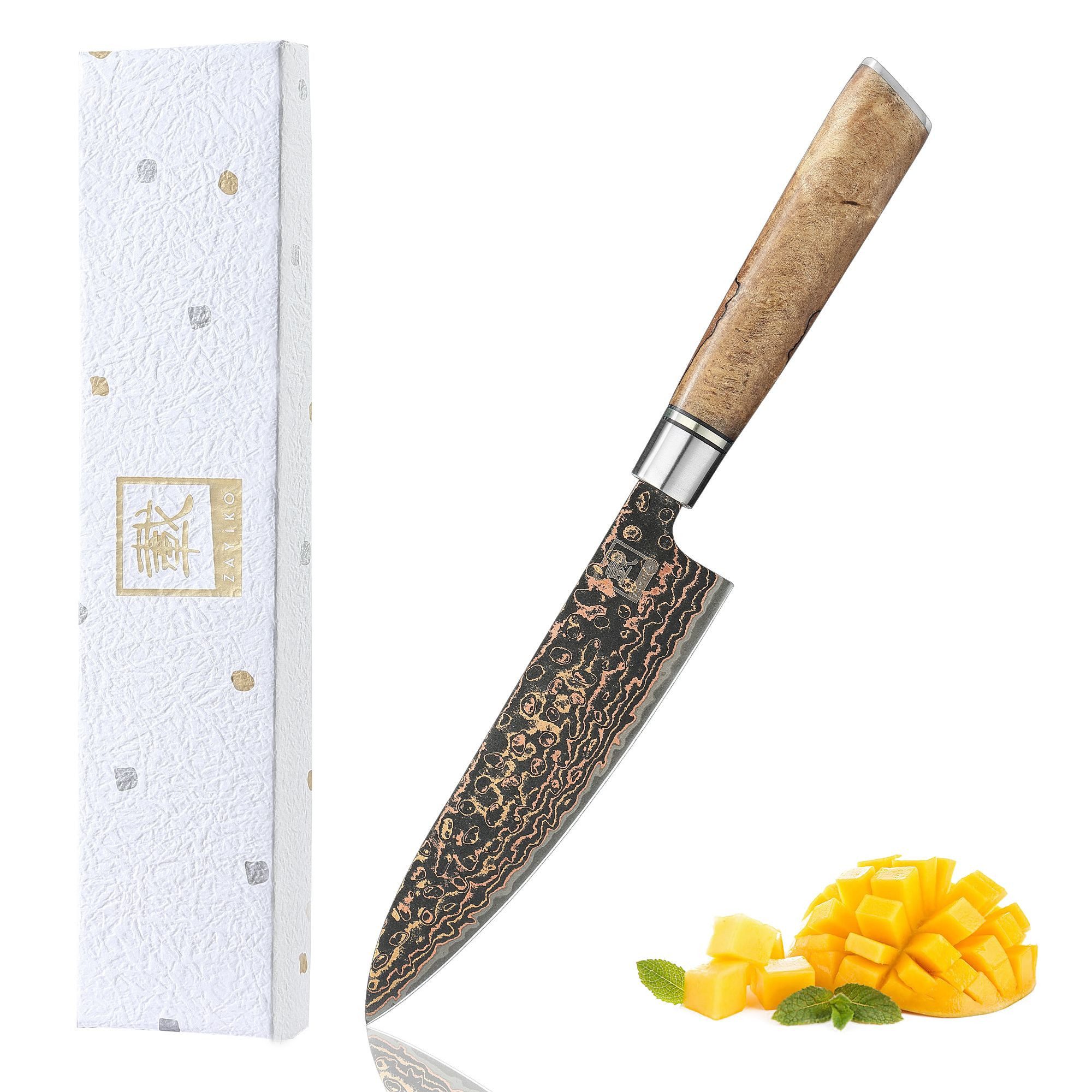 ZAYIKO Allzweckmesser BlackMagma Damast Allzweck Кухонні ножі 14 cm Klinge Kupfer-Bronze, schwarzer Damaststahl, Kupfer-Bronze-Einlage