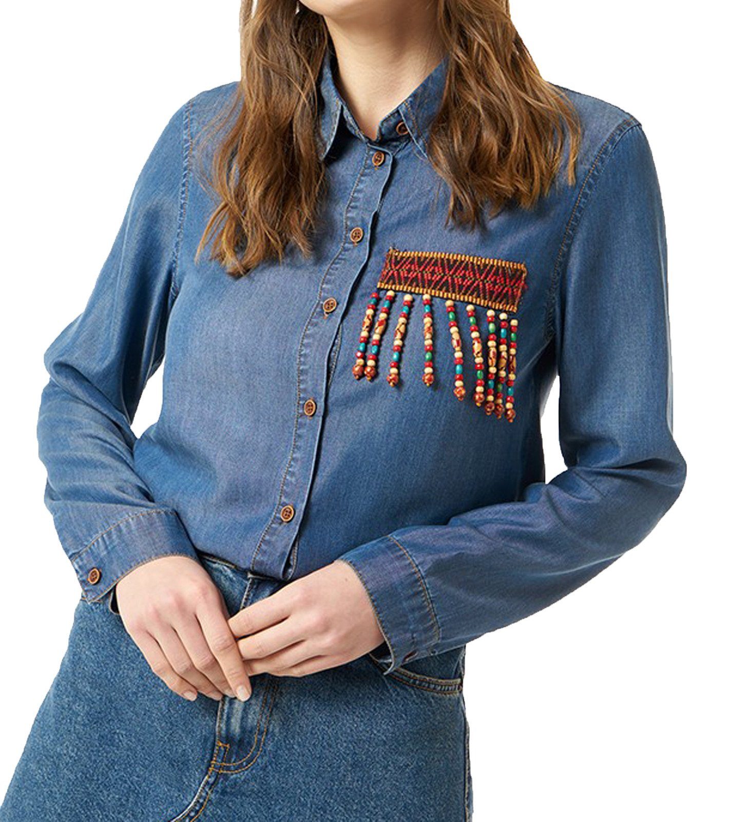 Jimmy Sanders Jeansbluse »JIMMY SANDERS Vitale Damen Jeans-Bluse mit  Perlenbesatz Denim-Hemd Blau« online kaufen | OTTO