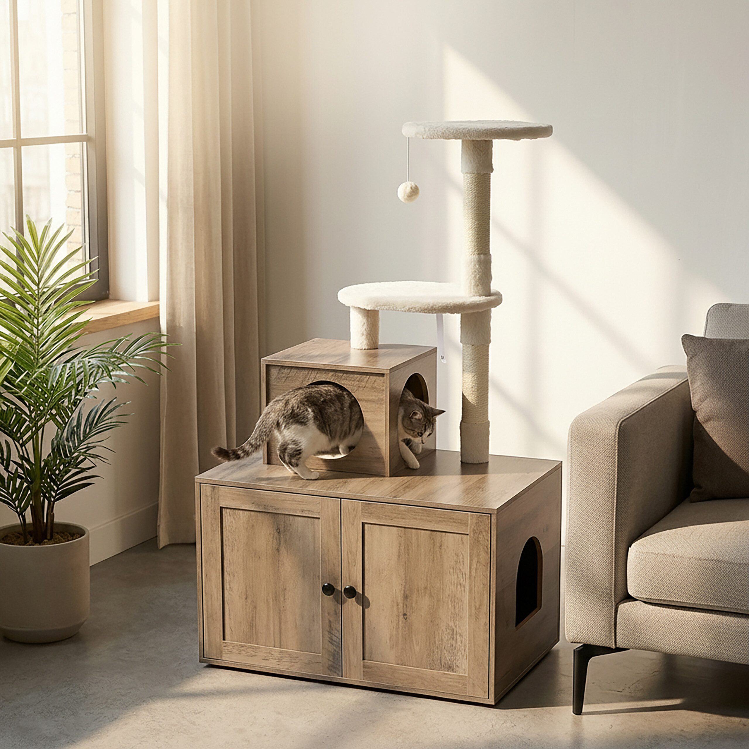 relaxdays Kratzbaum mit Katzenklo Schrank, Holzoptik