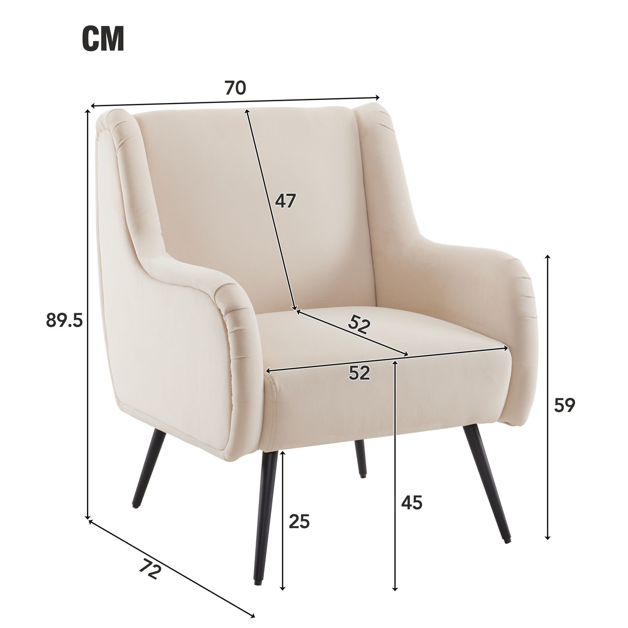 Wohnzimmer-Relaxsessel WISHDOR (Einzelsessel Metallbeinarmlehne, Samtstuhl, mit mit Polstersessel Samtstuhl Sessel hoher mit Stil), Rückenlehne, hoher im modernen Rückenlehne, beige Freizeitsessel, Samtstuhl