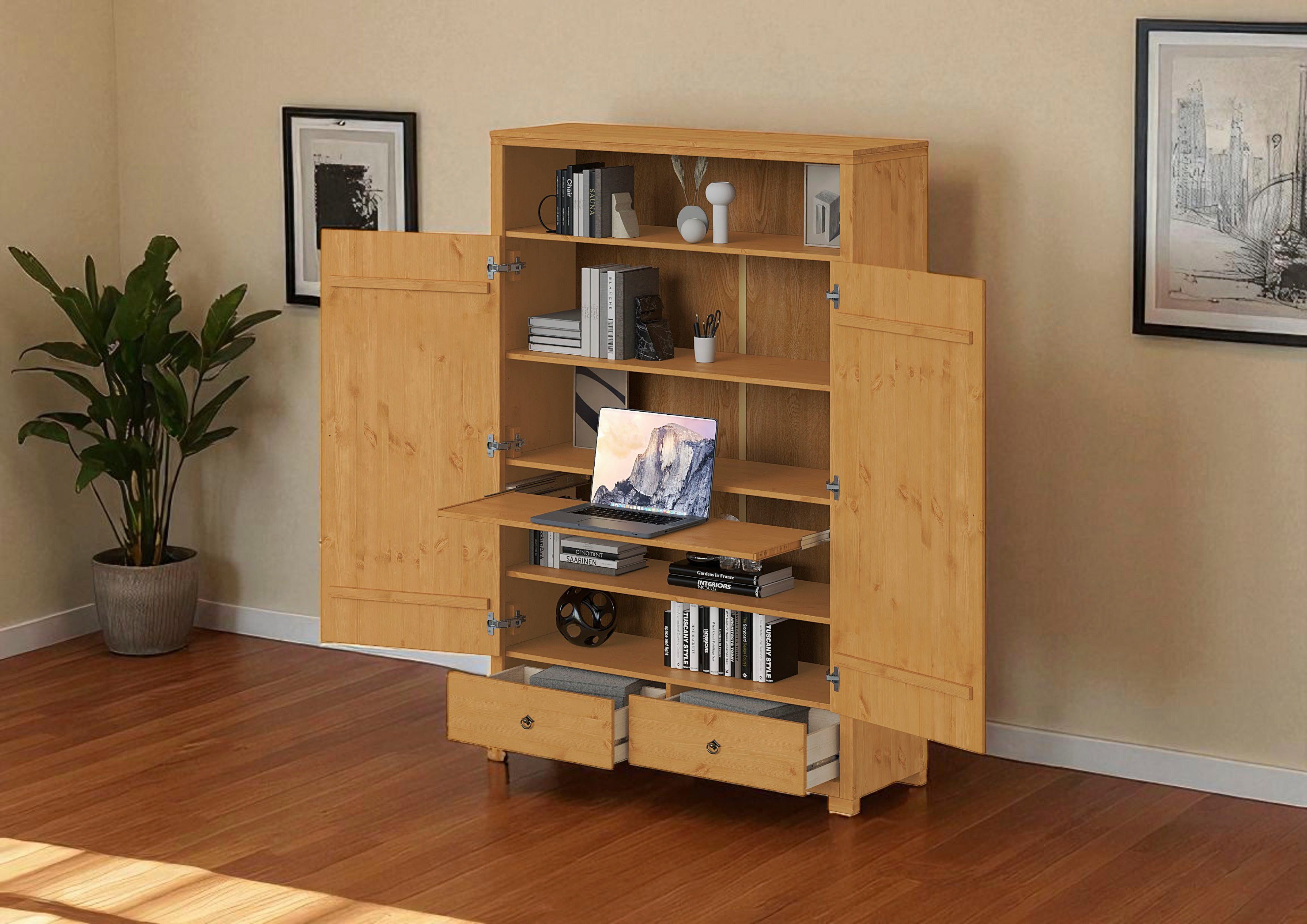 OTTO home Wäscheschrank Gotland! Home Office Schrank, Mehrzweckschrank, Büroschrank (H/B/T ca. 180/125/40cm) mit Ausziehregal, Schublade, stabil + langlebig, Massivholz made in EU