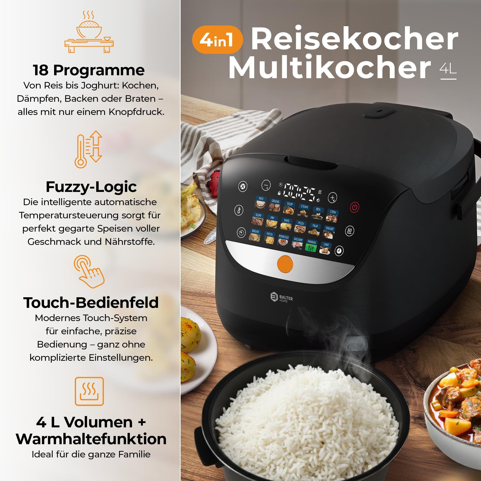 Balter Reiskocher Balter MK-01 Reiskocher Multikocher mit 18 Programme, 930 W, 18 Programme, Dampfgarer, Warmhaltefunktion & Timer