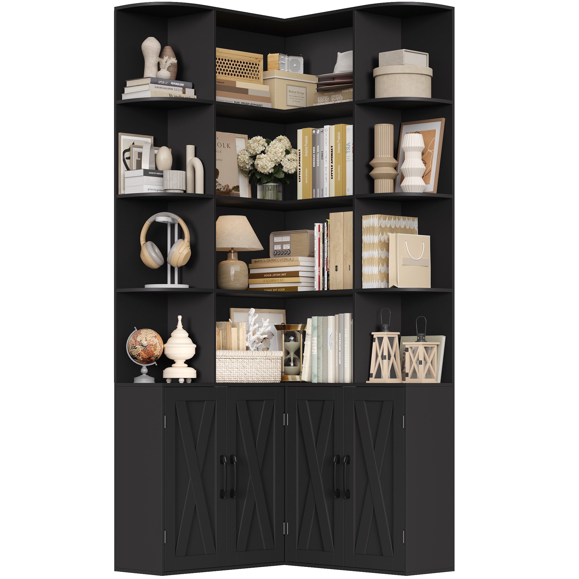 Homfa Bücherregal 187 cm hoher Bücherschrank mit Türen Eckregal, Eckbücherregal Standregal L-förmiger Eckschrank 80 x 80 x 187 cm