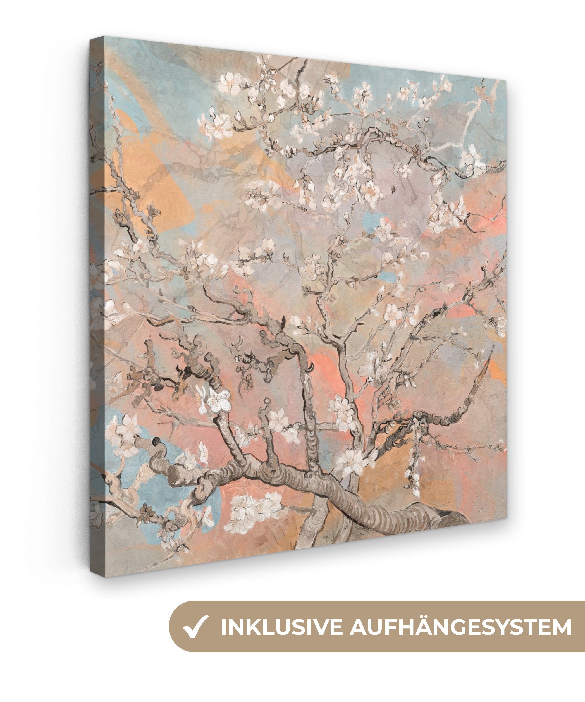 Kunst - Leinwandbild Van cm 20x20 - Bilder Leinwand Wohnzimmer Mandelblüte Gogh (1 für St), Pastell, - Schlafzimmer, OneMillionCanvasses®