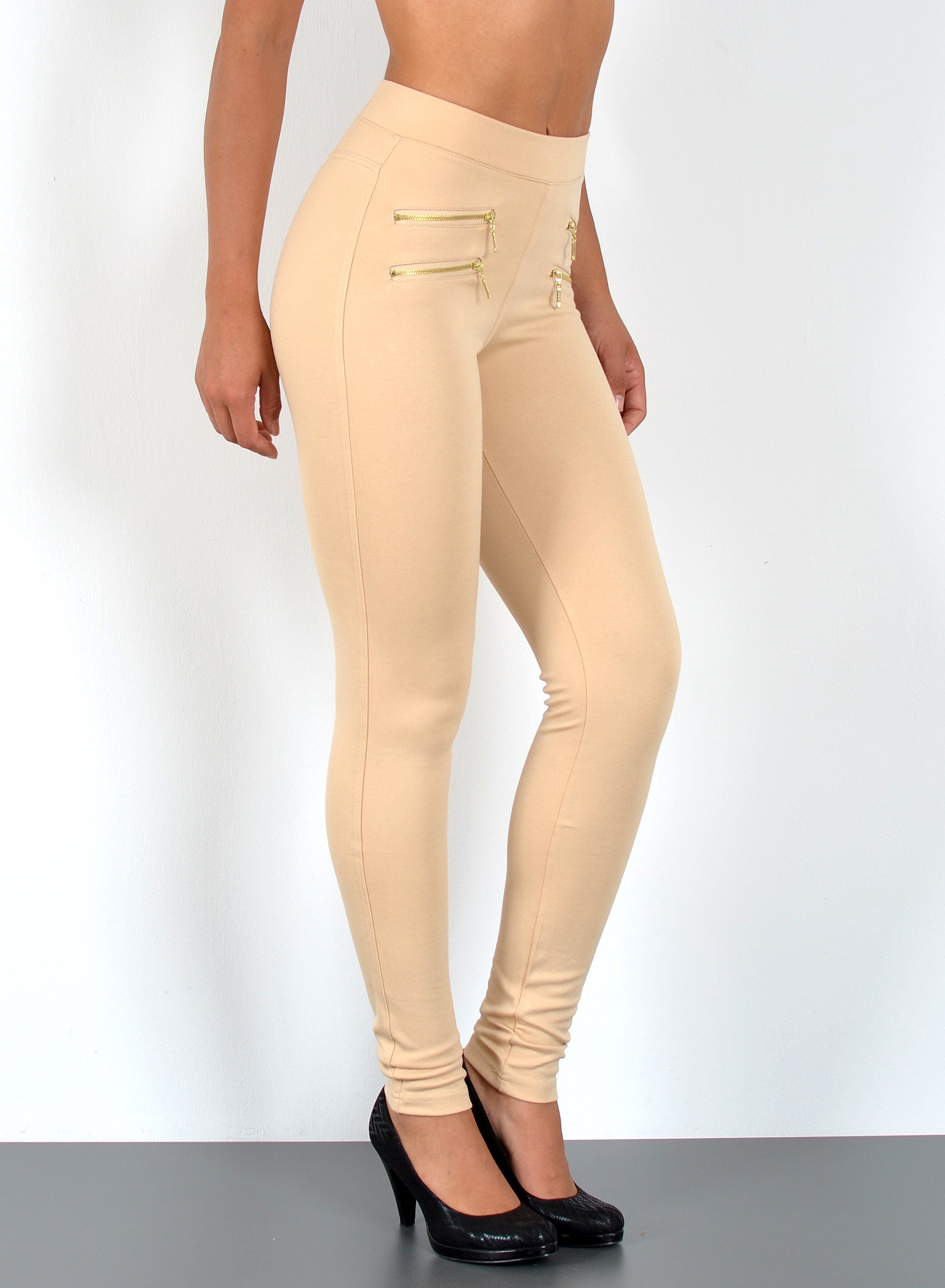 bis Stretch-Hose bis Treggings Waist Übergröße Hoch-Bund, Sehr und Gummi-Bund Damen elastischem Damen J189 Stretch Hose Plussize, hohe / enge Leibhöhe Stretch-Hose Hose mit Beige Damen Skinny Bund, mit ESRA Große High Größen,