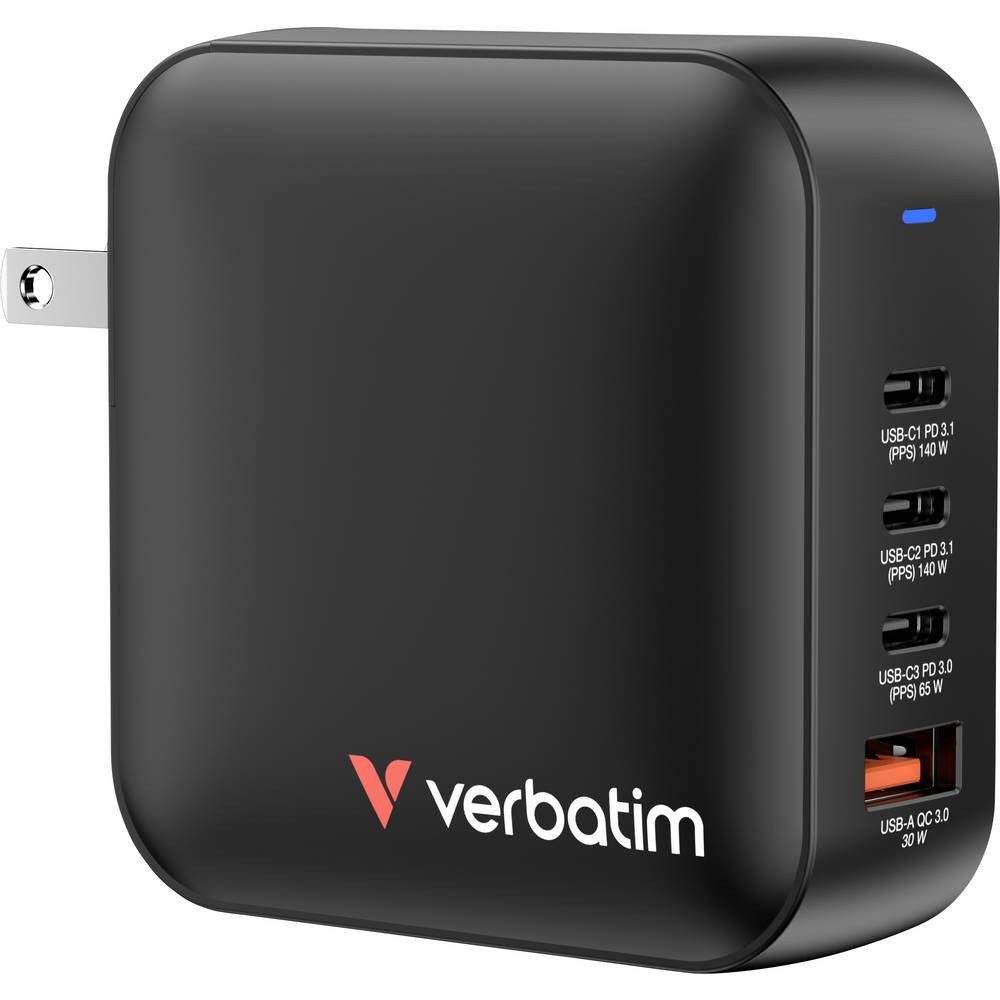 Verbatim Mini-GaN-Ladegerät, 165W, 4 Anschlüsse 32216 USB-Ladegerät (Schnellladegerät, GaN, mit Europa-Adapter, mit UK-Adapter)