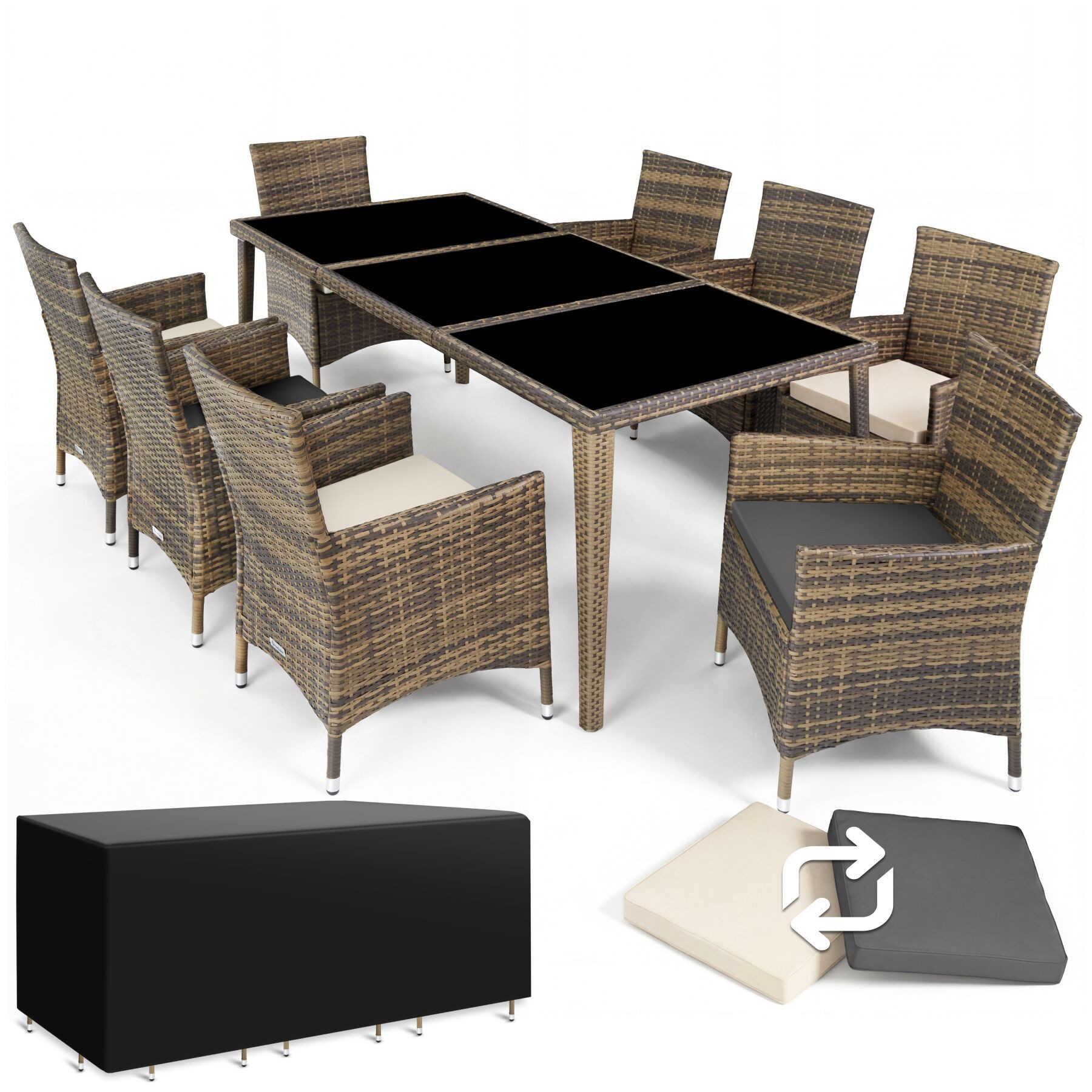 tectake Sitzgruppe Aluminium Rattan Gartenlounge mit Bezügen, inklusive Schutzhülle, (Loungeset Menorca, 9-tlg., für Außen in Naturfarben), wetterfest und UV-beständig, mit Sicherheitsglasplatten, pflegeleicht