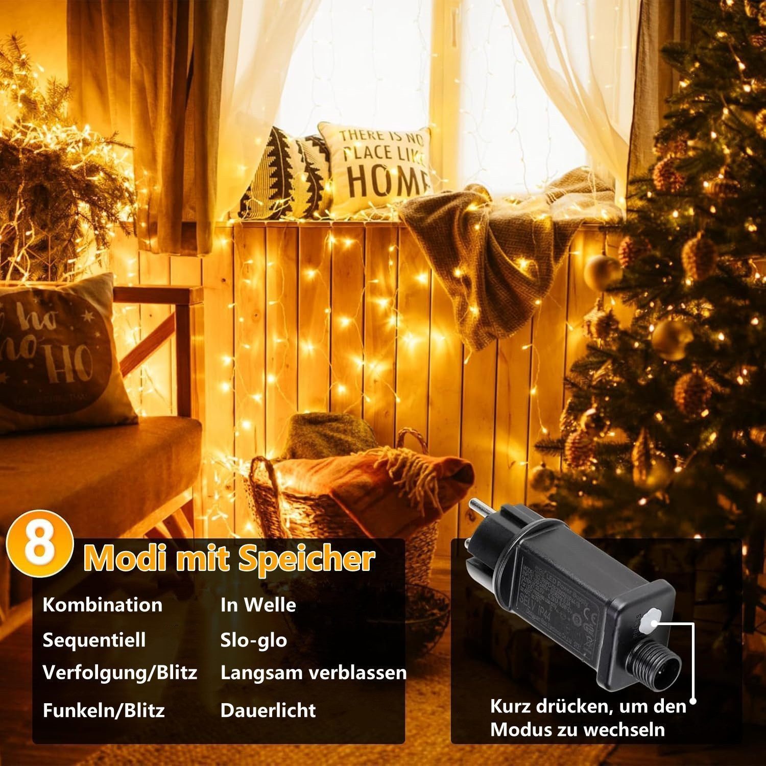 Quntis LED-Lichterkette 10-100M Lichterkette outdoor/indoor mit Stecker, Gartenlampen, 8 Modi, für Garten,Balkon,Hof,Hochzeit, deko ostern, Transparent