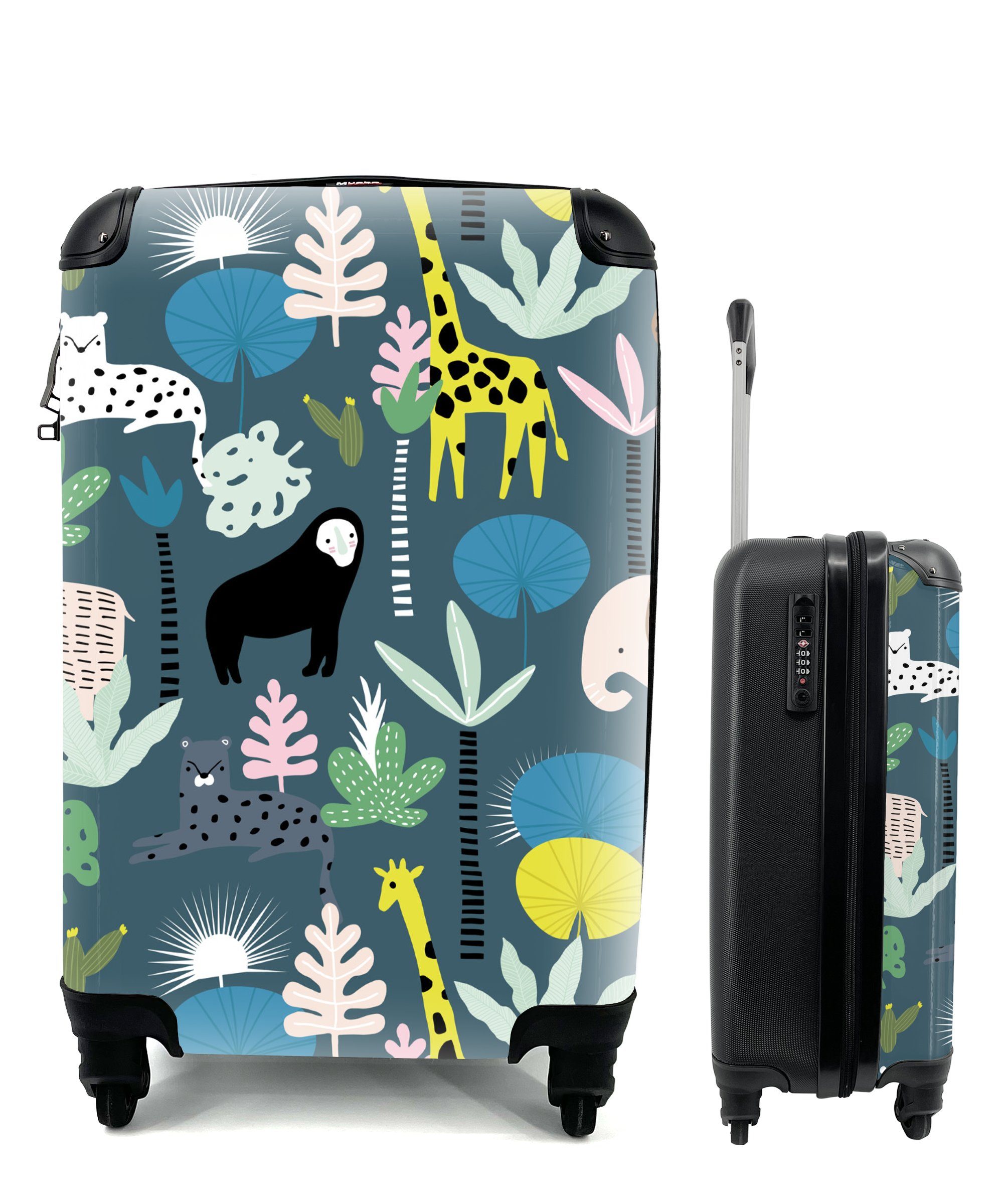 MuchoWow Handgepäckkoffer Dschungel - Tiere - Blau, 4 Rollen, Reisetasche mit rollen, Handgepäck für Ferien, Trolley, Reisekoffer