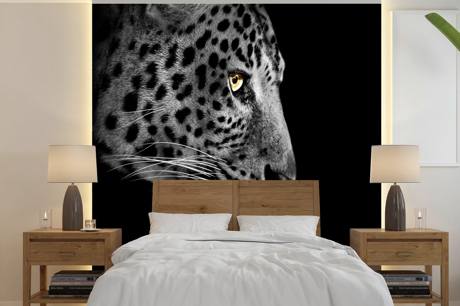 MuchoWow Fototapete Leopard - Schwarz - Weiß, Matt, bedruckt, (5 St), Vinyl Tapete für Wohnzimmer oder Schlafzimmer, Wandtapete