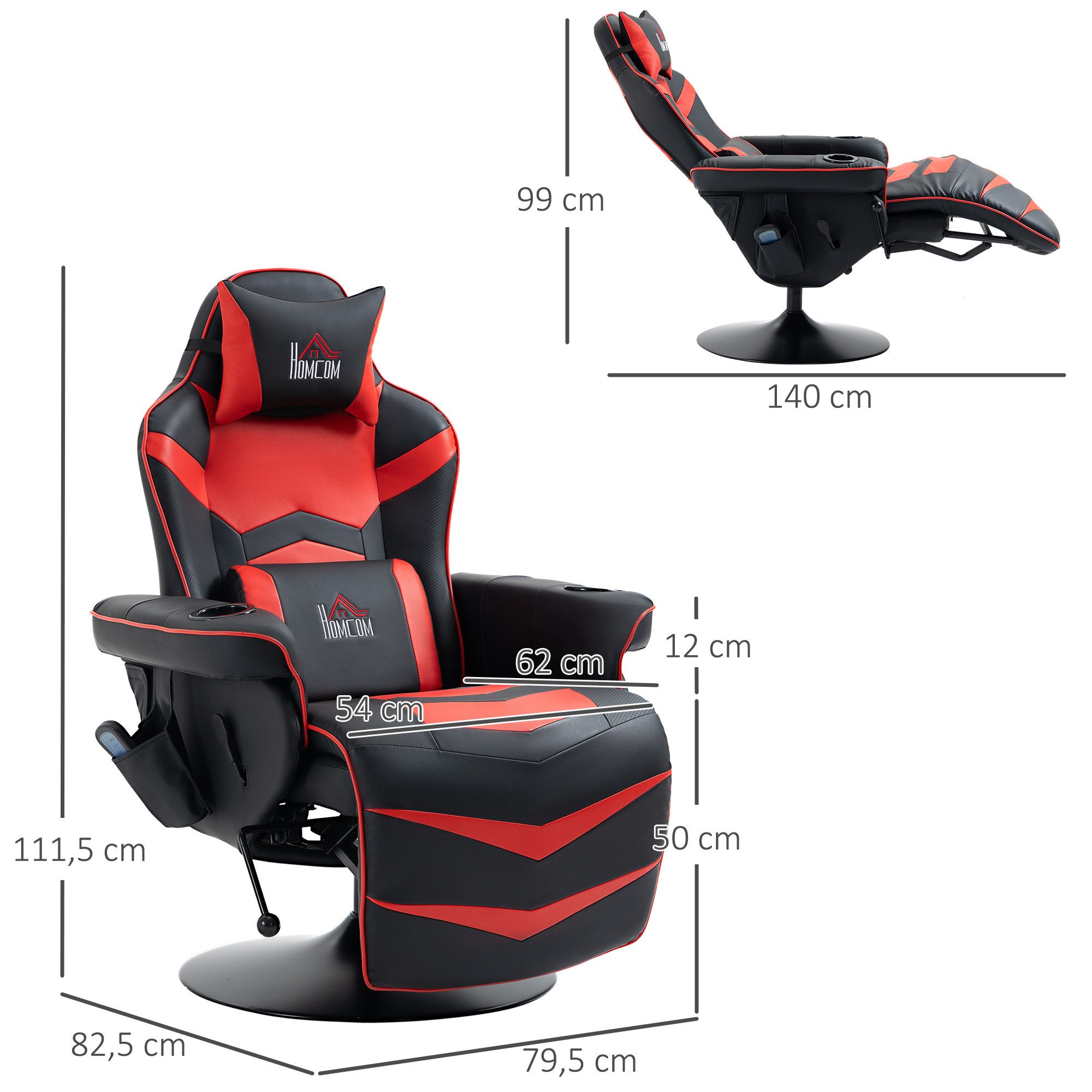 HOMCOM Massagesessel Massagefunktion, inkl. Fußstütze, Liegefunktion (Gaming-Chair, 1-St., Relaxsessel), für Wohhnzimmer, Schwarz+Rot