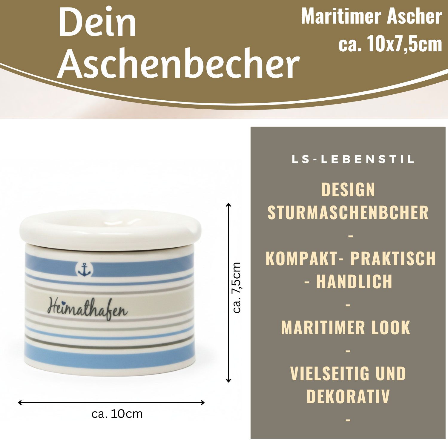 LS-LebenStil Aschenbecher Sturmaschenbecher Heimathafen 10x7,5cm Maritim Weiß Blau mit Deckel, Windaschenbecher Ashtray Tischaschenbecher Garten Balkon Deko