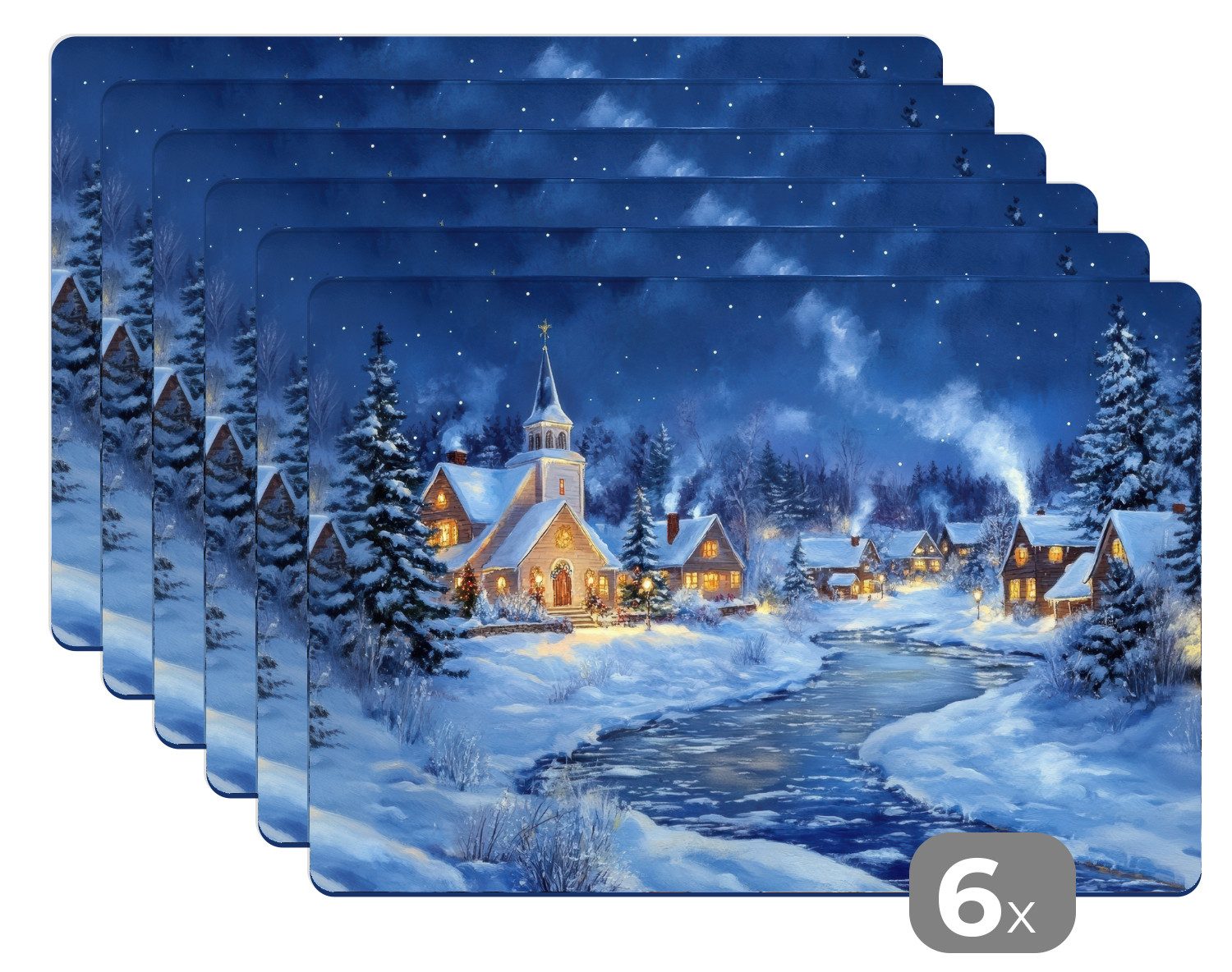 MuchoWow Platzset Winterabend - Weihnachtsdorf - Dunkelheit, (6-St), Platzsets, Tischset, Abwaschbar, Tischsets, Platzdeckchen