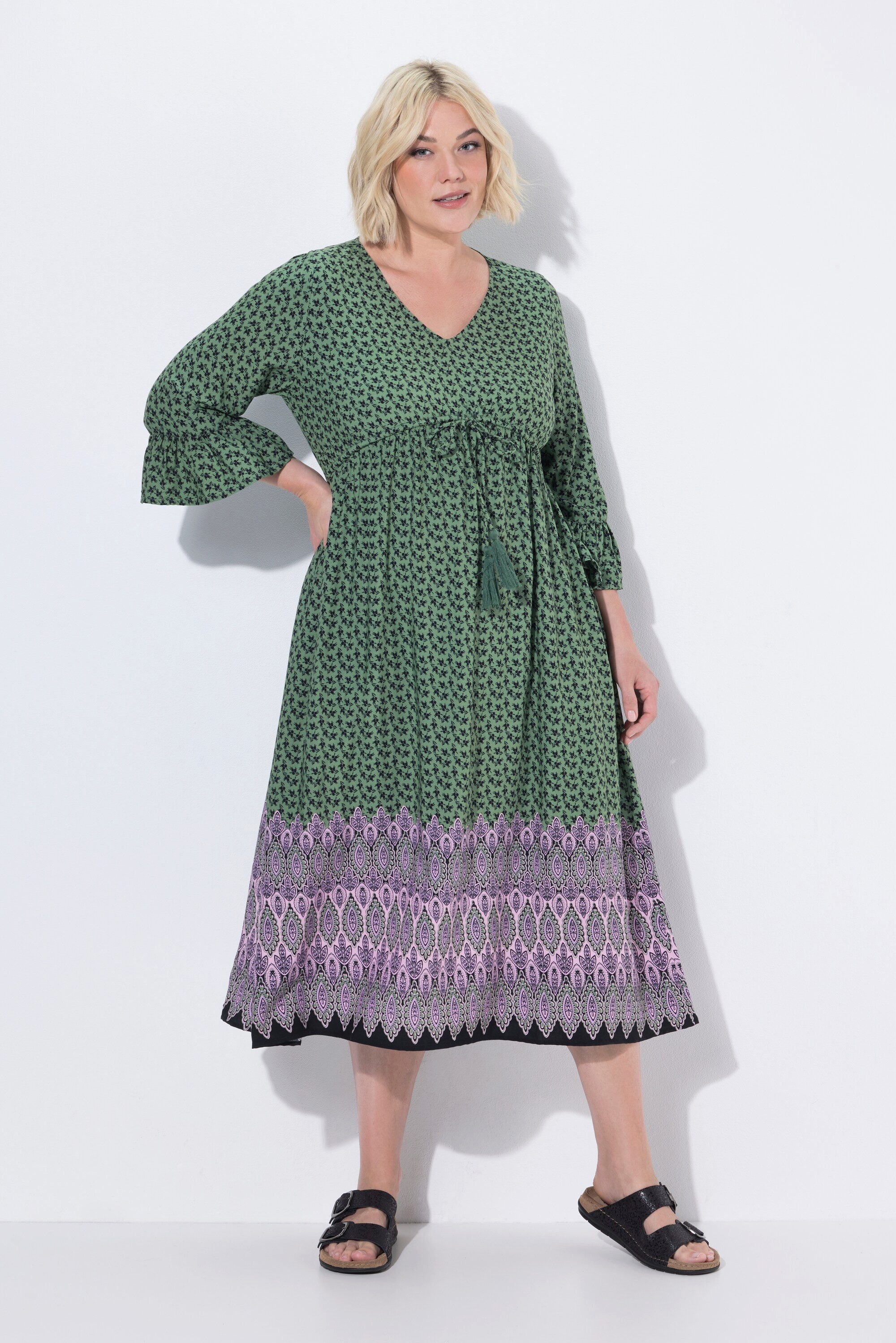Ulla Popken Maxikleid Midikleid Tunnelzug A-Linie V-Ausschnitt 3/4-Arm