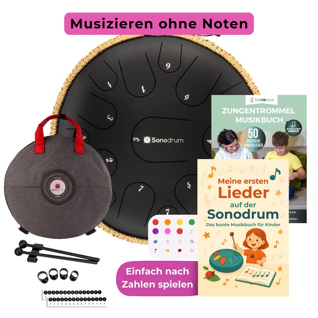 Sonodrum Steel Tongue Drum Premium, Kinder Starter-Set,Kinder Starter-Set, inkl. 2 Kinder-Liederbücher, Bunte Sticker und Tragetasche