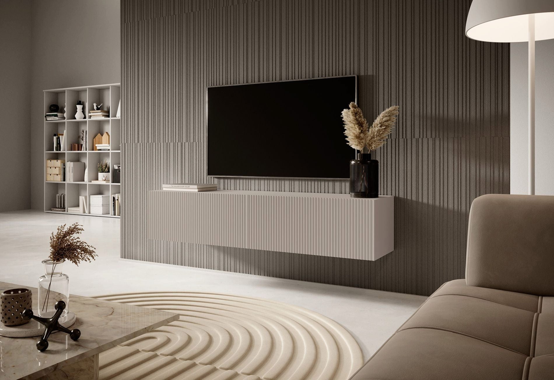 Selsey TV-Schrank VELDIO Kompaktes Hängeboard geriffelt, Push-to-Open, 140x30 cm, Matt