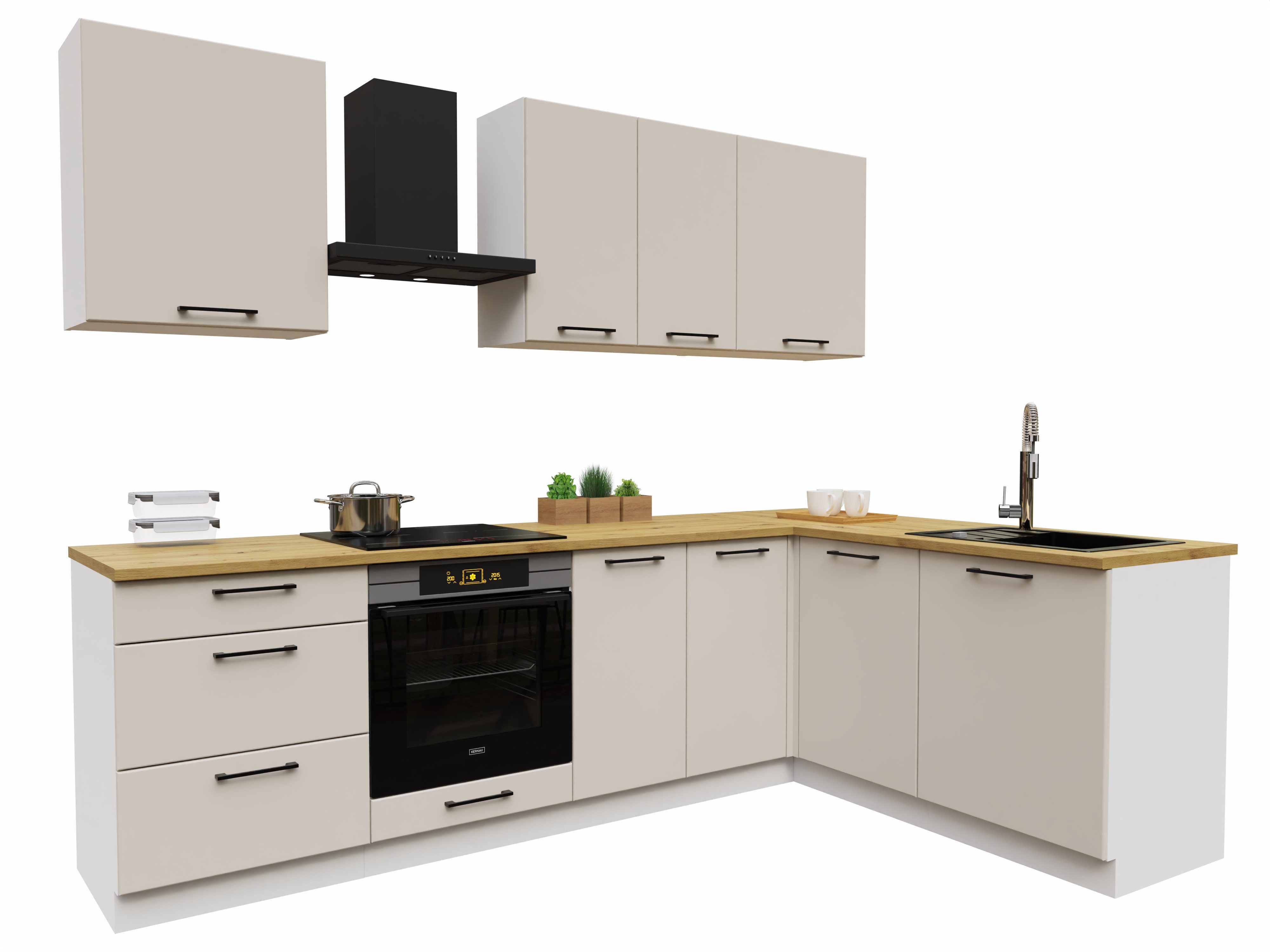 Möbel für Dich Winkelküche moderne Eckküche in L-Form Denis 260x170 cm, 8-teilig, mit Fronten in Weiß Hochglanz oder Beige matt