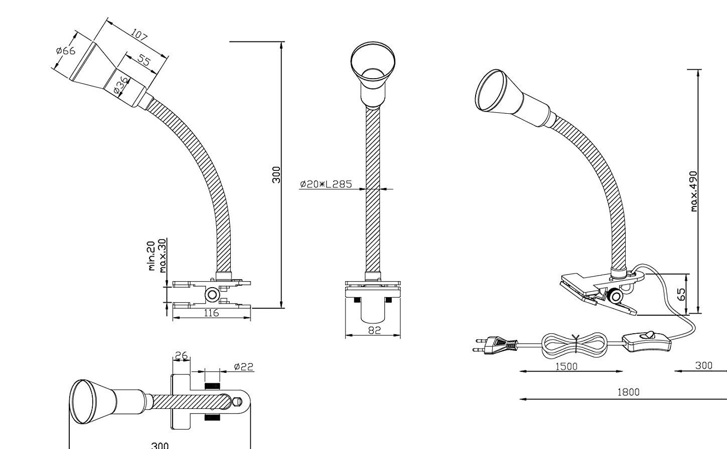 lightling Klemmleuchten Felix, ohne Leuchtmittel, klassische Klepplampe mit Flexarm