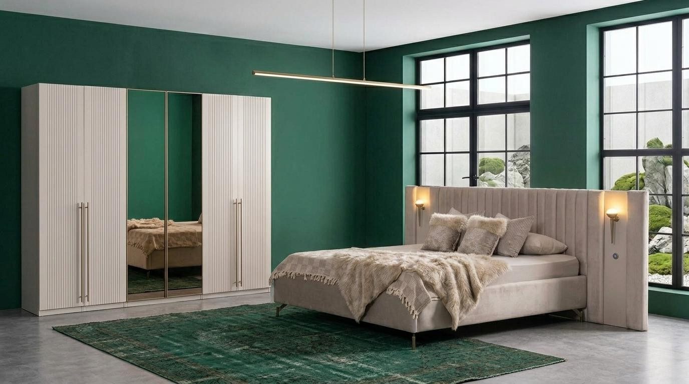 Xlmoebel Schlafzimmer-Set Bett Garderobenschrank Schlafzimmer Stil modern beige bequem