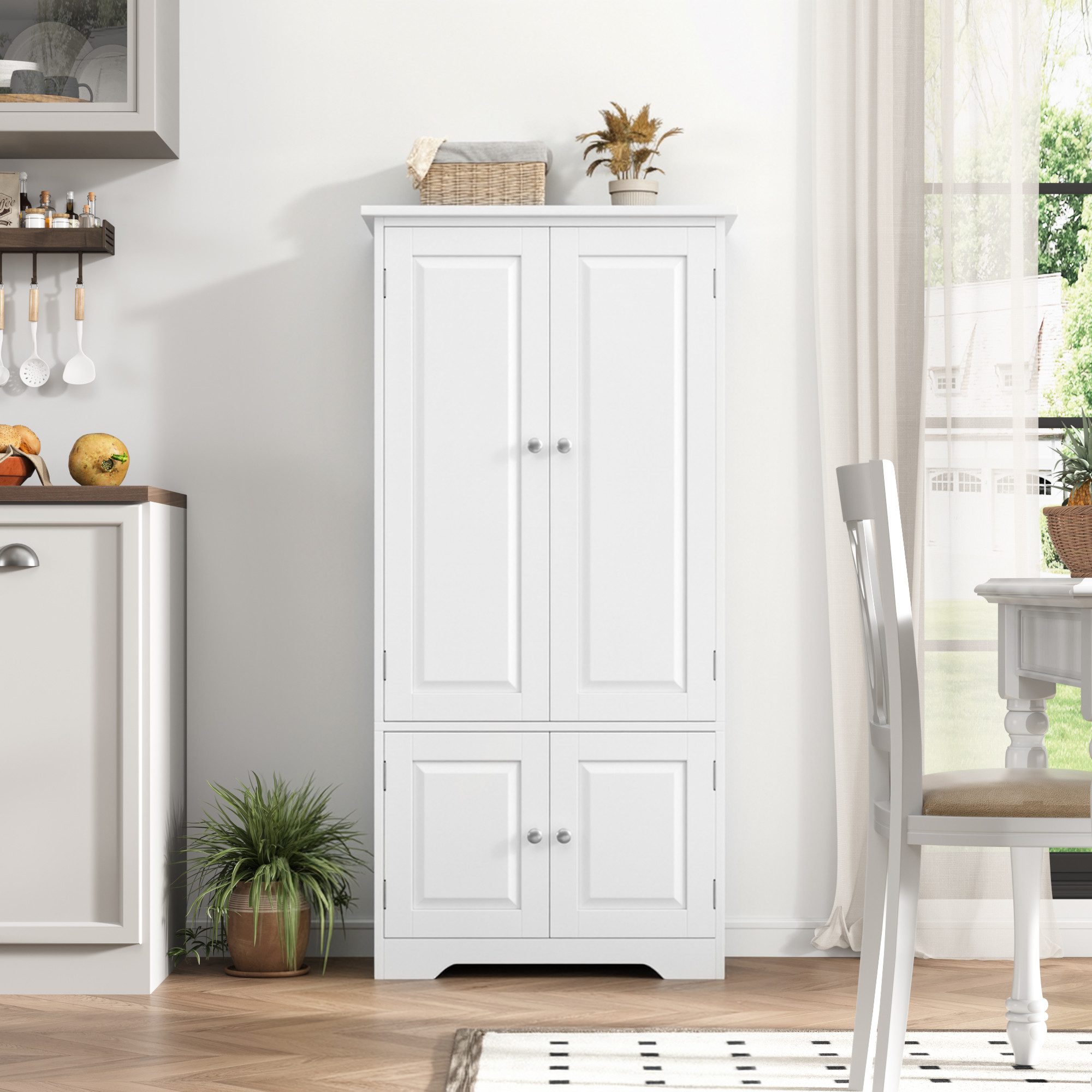 Homfa Mehrzweckschrank Küchenschrank Badezimmerschrank Bücherschrank, Wohnzimmerschrank, mit 4 Türen, 58x32x123cm, weiß