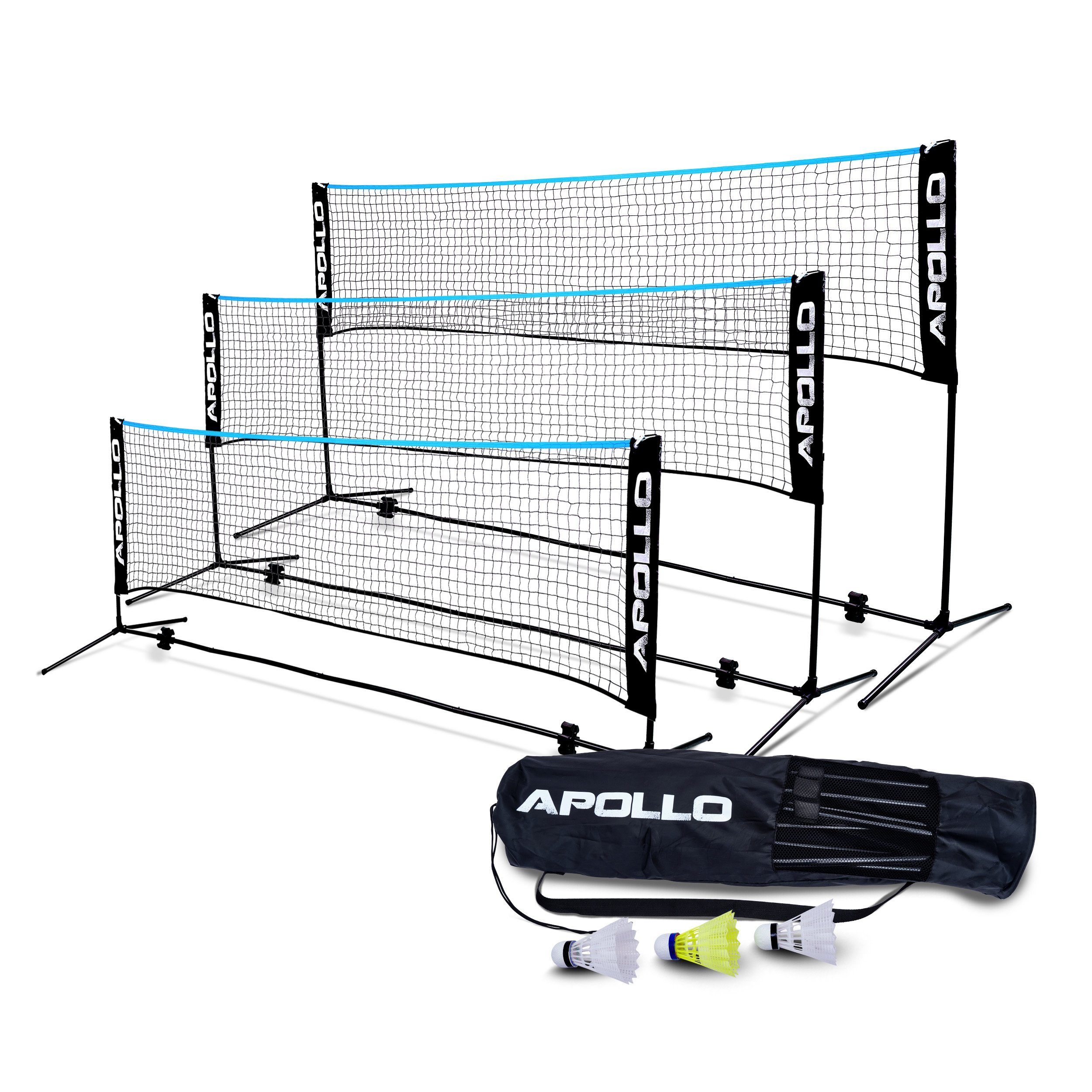 Apollo Badmintonnetz Badminton und Volleyball Netz, 300 cm, 400 cm, 500 cm, höhenverstellbar, inkl. 3 Federbällen Schwarz/Blau