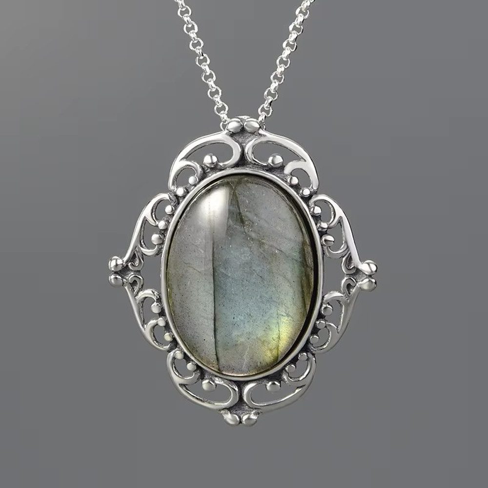 Runde Perlé Silberkette Kette mit ovalem Vintage Anhänger, 925 Sterling Silber, handgefertigte Halskette Labradorit (inkl. Geschenkverpackung)