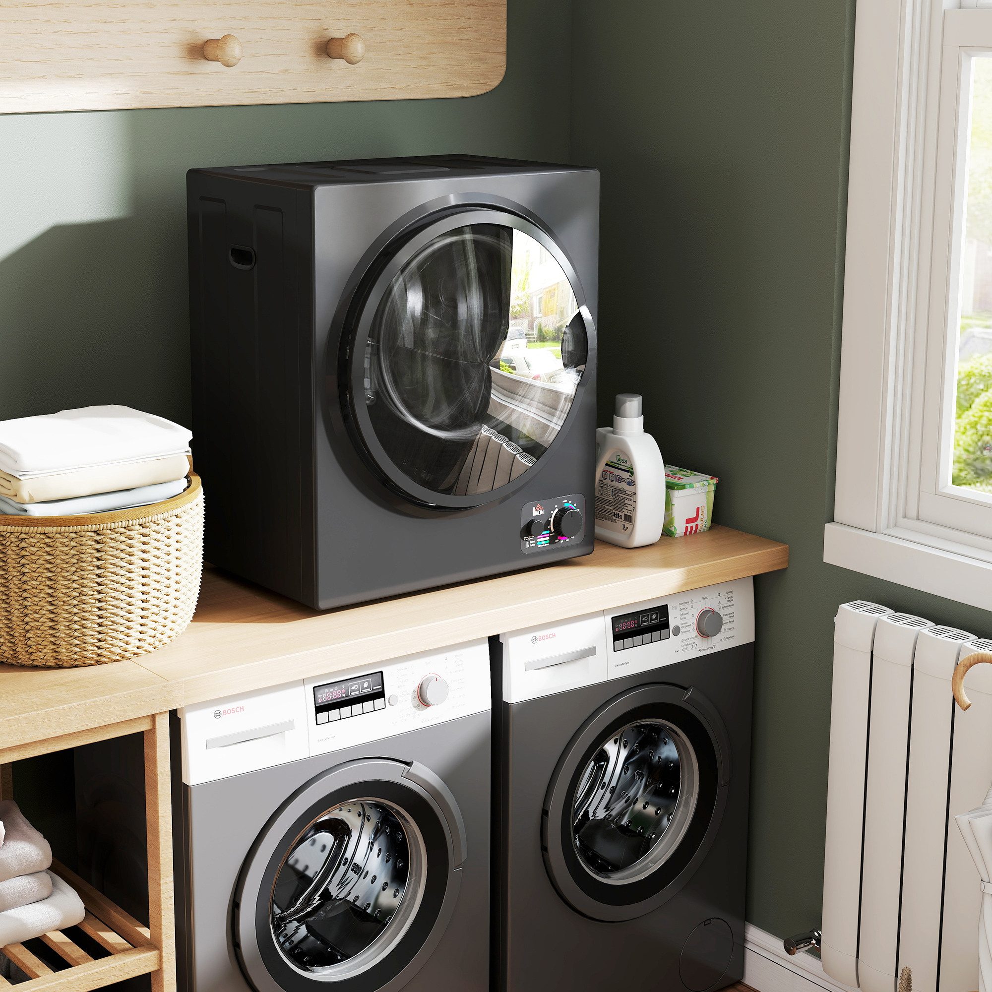 ibettertec Elektrischer Wäschetrockner Portabler Wäschetrockner 850W 33L 4 Programme Edelstahl, 49x40,5x60cm Schwarz – Ideal für Wohnung & Haus