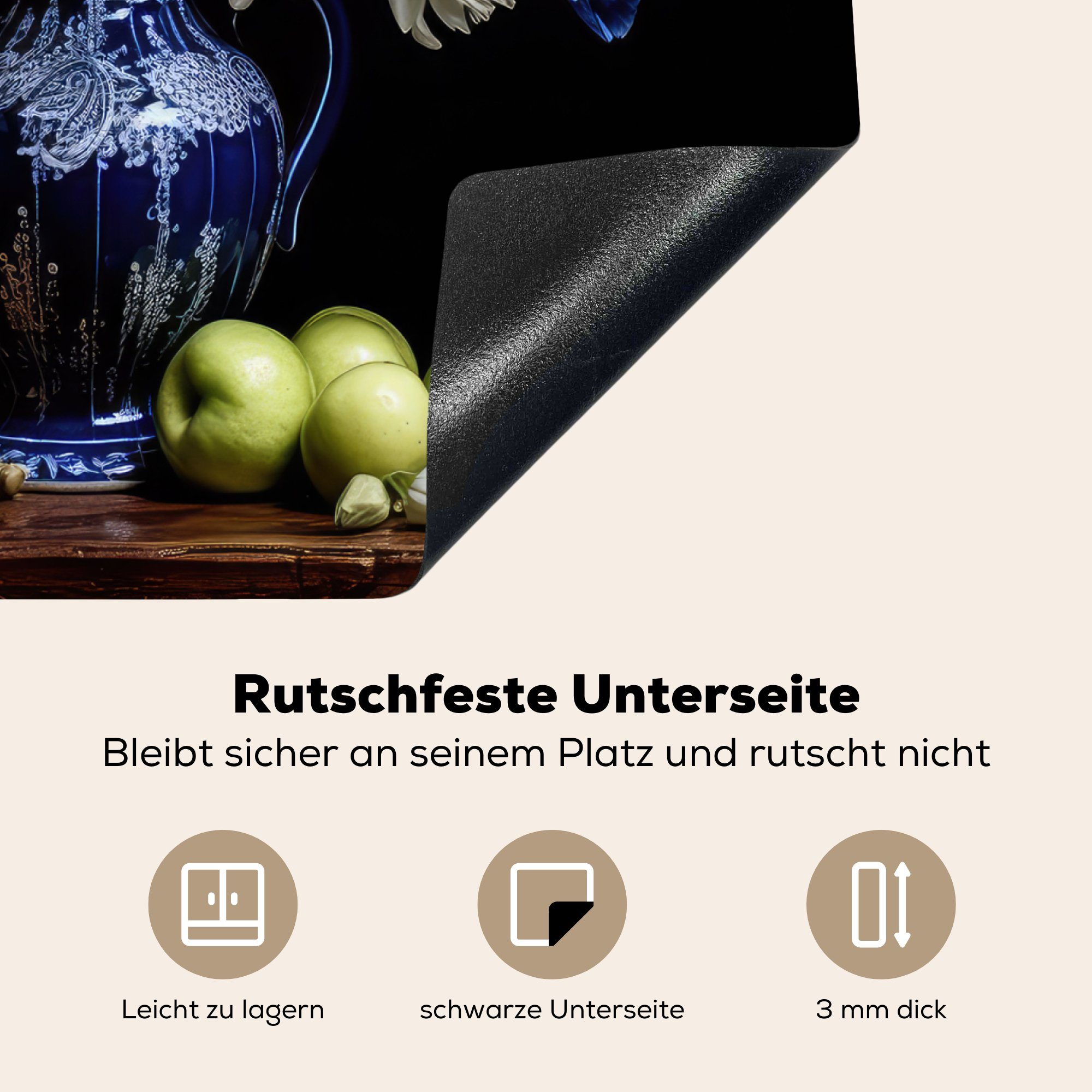 Delfter nutzbar, 60x52 Blumen Blau Vinyl, Herdblende-/Abdeckplatte tlg), - Früchte (1 Niederländisch, MuchoWow Stilleben Mobile - cm, Arbeitsfläche Ceranfeldabdeckung - -