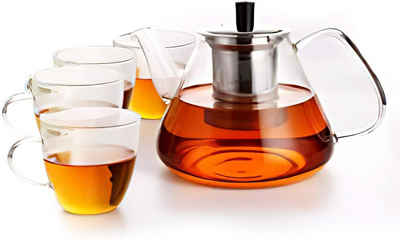 Homfa Teekanne, 1.35 l, mit Siebeinsatz Teeservice 4 Gläser, Borosilikatglas Teekanne, Glasteekanne