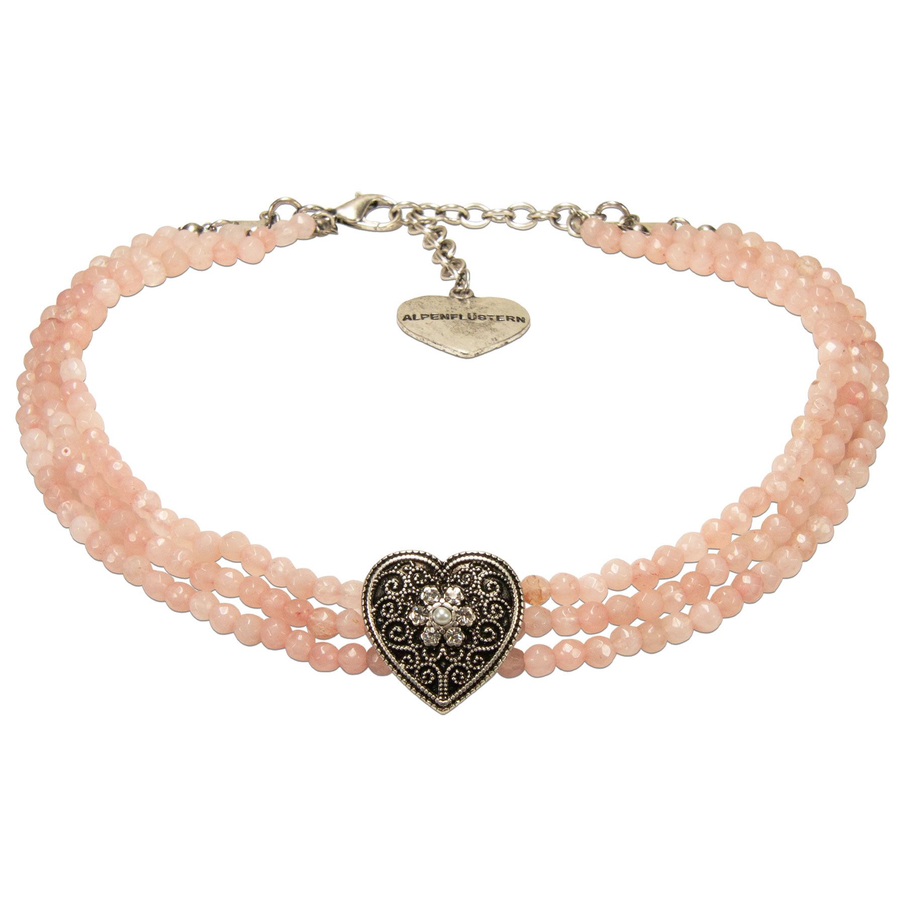 Alpenflüstern Collier Trachten-Perlen-Kropfkette Ornament-Herz (rosa-ros), - nostalgische Trachtenkette, eleganter Damen-Trachtenschmuck, Dirndlk