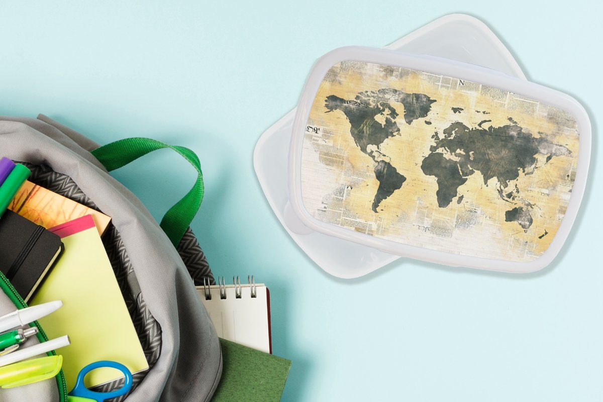Kunststoff, Gold, für und (2-tlg), Brotdose, MuchoWow Kinder Zeitung Brotbox Mädchen Lunchbox und - Erwachsene, weiß - für Jungs Weltkarte