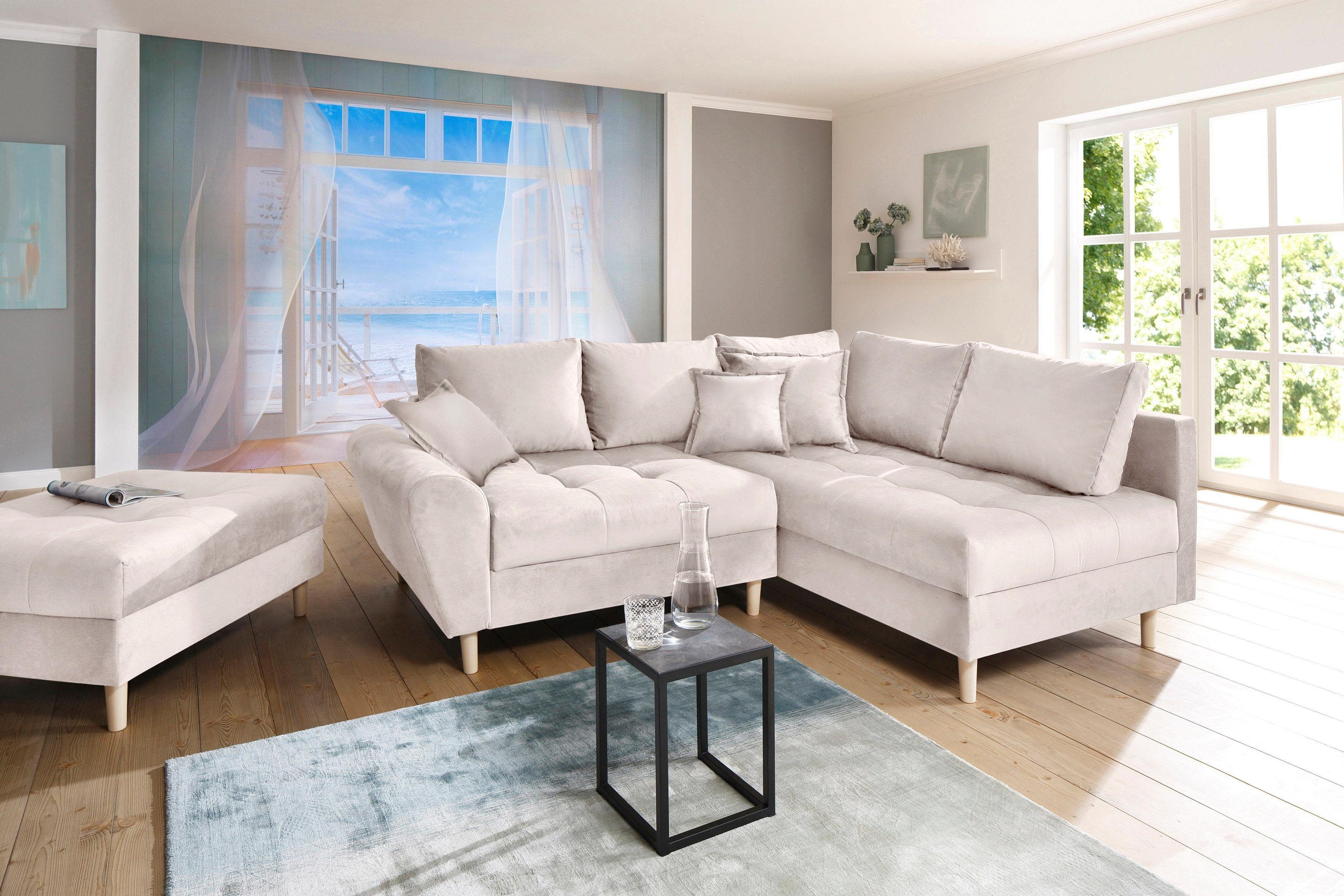 Home affaire Ecksofa Rice L-Form inkl. Hocker, Set, mit Bonnellfederkern, Hocker & Kissen, Ottomane beidseitig montierbar