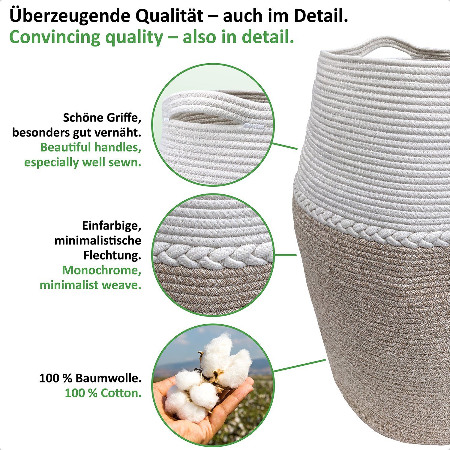 WIESEN.design Wäschekorb Jamila Ø46/39xH65cm 105L, 100% Baumwolle, Aufbewahrung geflochten, inkl. großem Waschsack und schwerem Wäschesack, gratis Versand – Bild 3 von 5