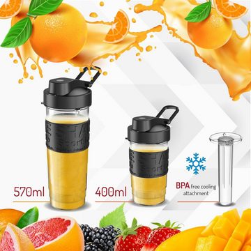 JUNG Smoothie-Maker ADLER AD4081 Smoothie Maker Standmixer elektrisch Smoothie Maker to go, 500,00 W, inkl 2x Trinkflaschen 570ml+ 400ml BPA-frei Milchshaker, Eiweißshaker