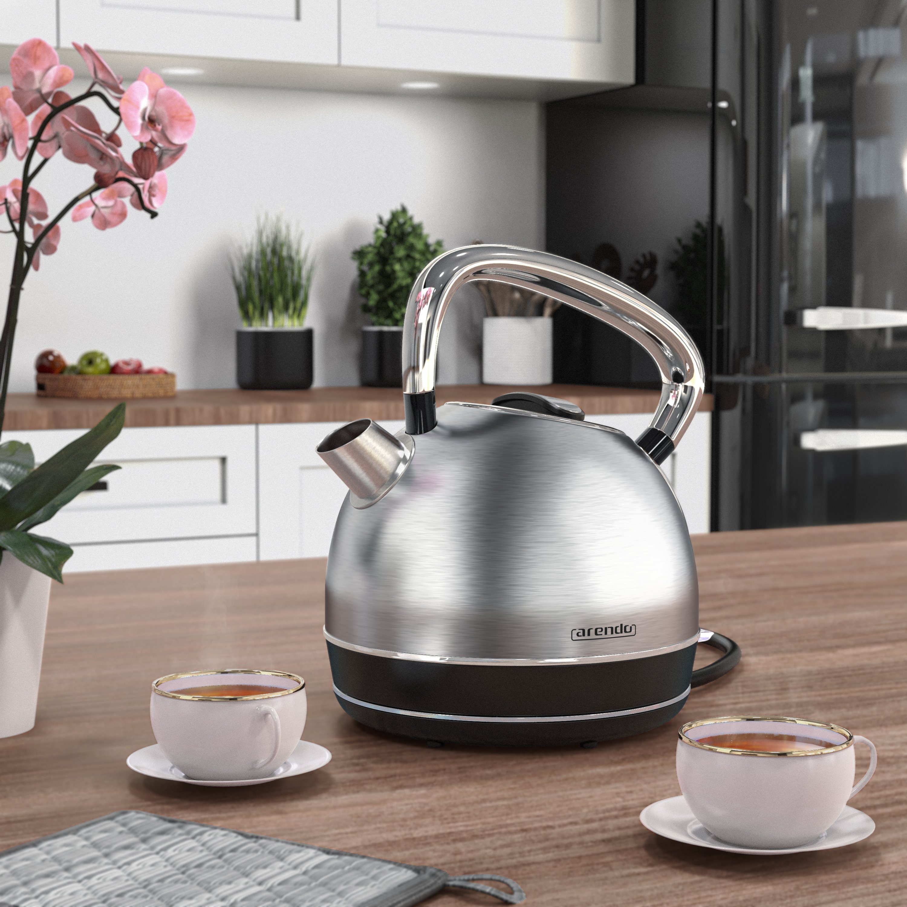 Arendo Wasserkocher Retro Edelstahl Teekessel im Vintage Style, GS Geprüft, Silber, 1,7 l, 2200 W, Überhitzung & Trockenkochschutz, automatische Abschaltung, Kalkfilter