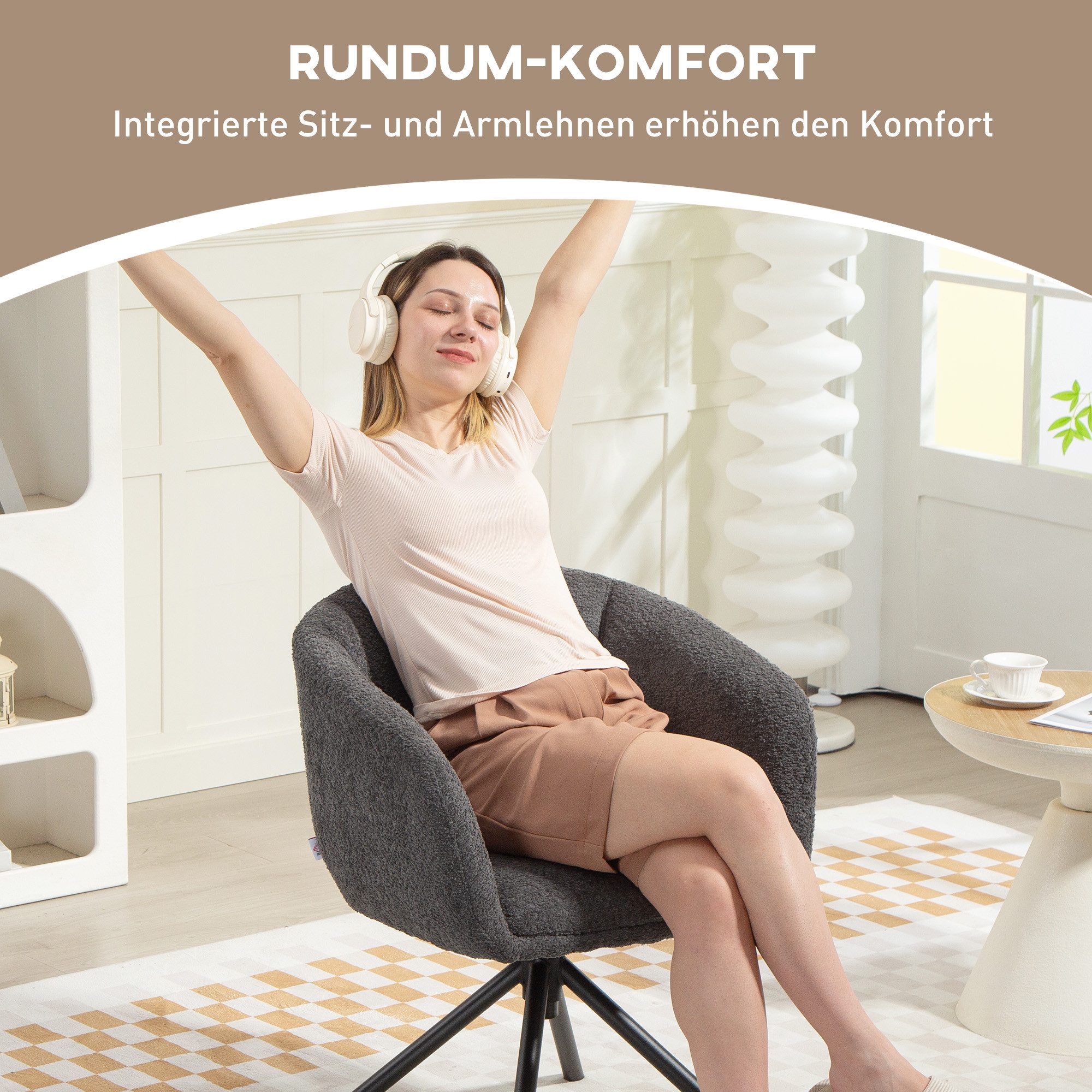 HOMCOM Relaxsessel Sessel Loungesessel mit Metallbeine Lesesessel mit Chenille-Optik (Polsterstuhl mit bequemer Sitzschale, 1-St., Drehbarer Akzentstuhl), kusch – Bild 5 von 5