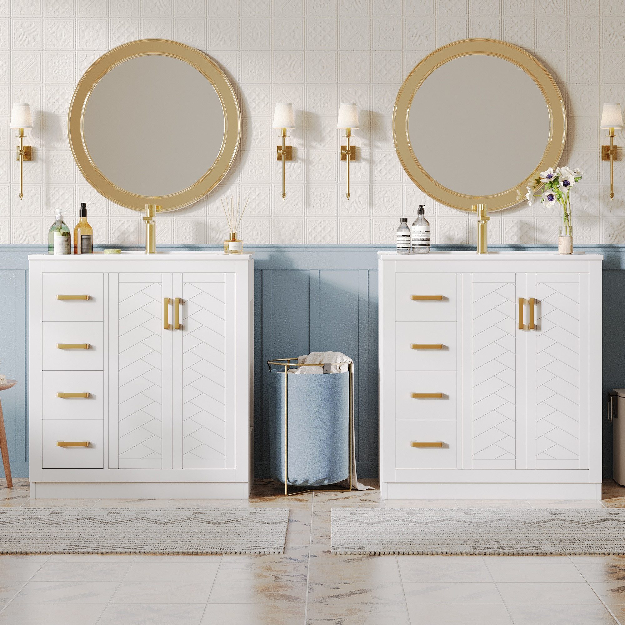 STILVORA Waschbeckenunterschrank mit waschbecken Badezimmerschrank mit Schubladen Viel Stauraum Weiß (Waschtischunterschrank mit Seitlicher Ablagefläche, 2-St., Badschrank mit Sanftschließenden Scharnieren & Keramikbecken) mit Langlebige & alltagstaugliche Verarbeitun mit Premium-Hardware