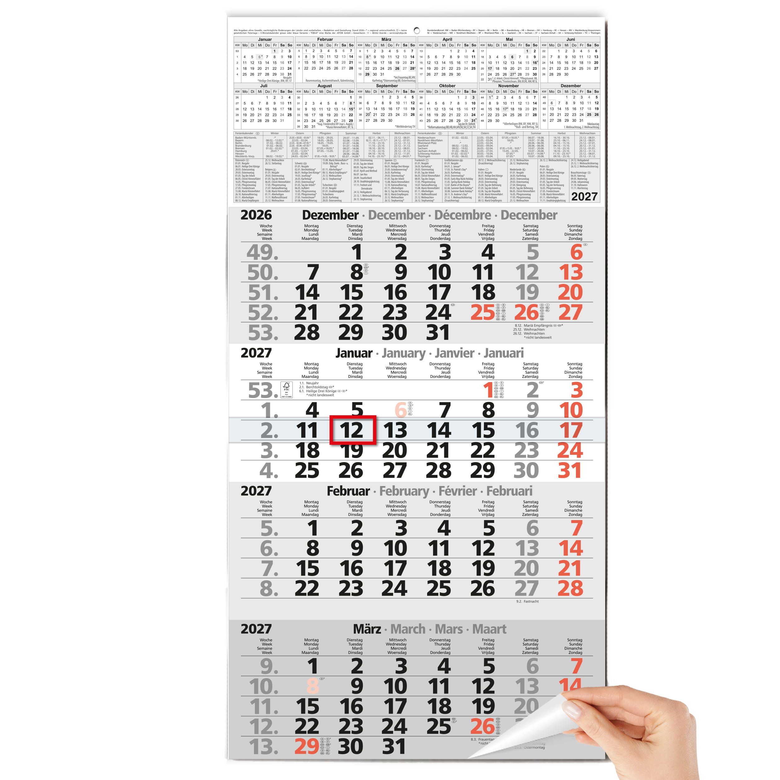 TOBJA Wandkalender 4 Monatskalender 2027 mit rotem Datumsschieber 30x59 FSC Ferien, Roter Datumsschieber, Schulferien DE+AT, 4-sprachig, FSC, 30x59 cm