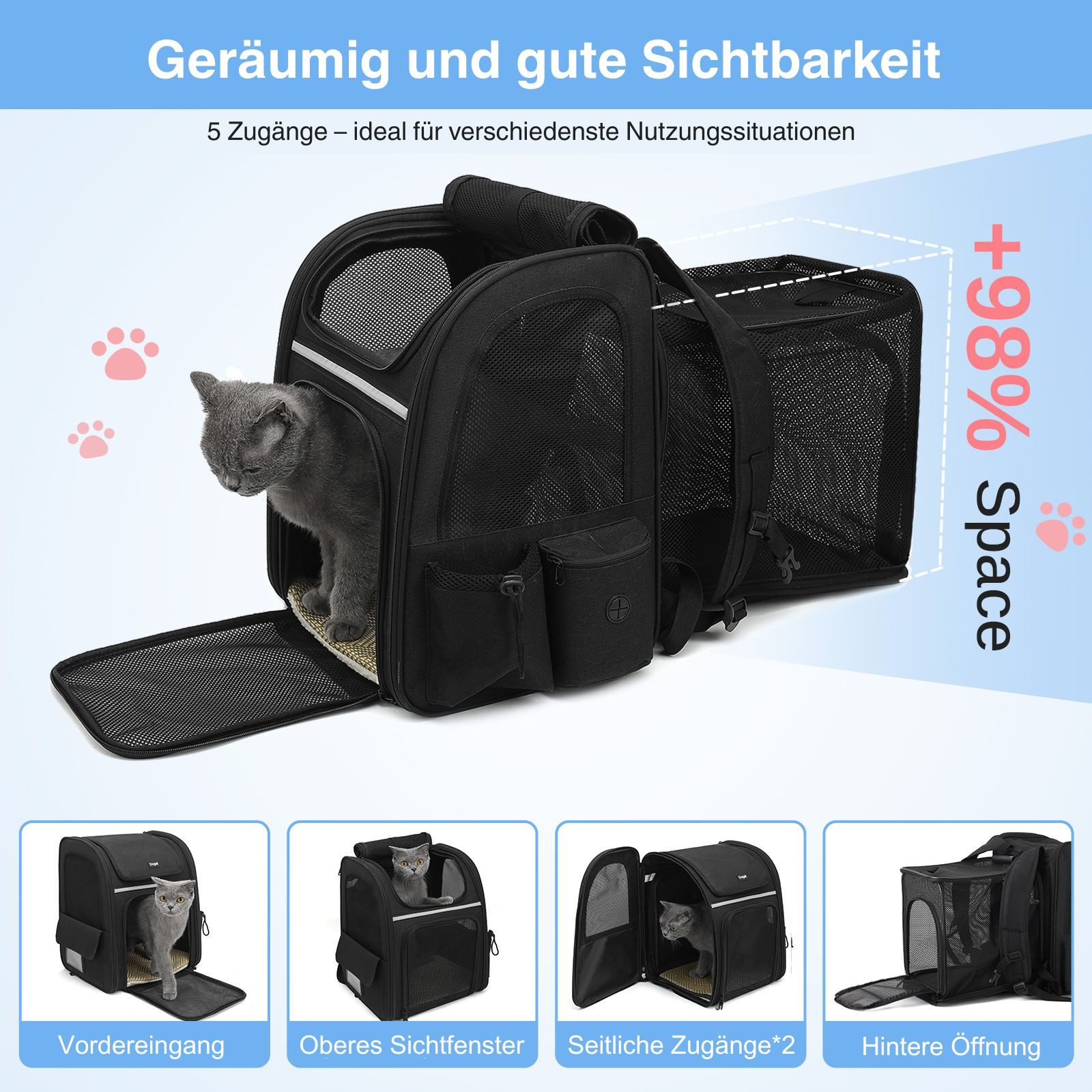 Dogat Tiertransporttasche Tiertransporttasche mit Mesh-Fenstern XXL Katzenrucksack – Faltbar bis 8 kg, BxTxH: 28 x 34 x 41 cm erweiterbar katzenrucksack für Hunde, Katzen
