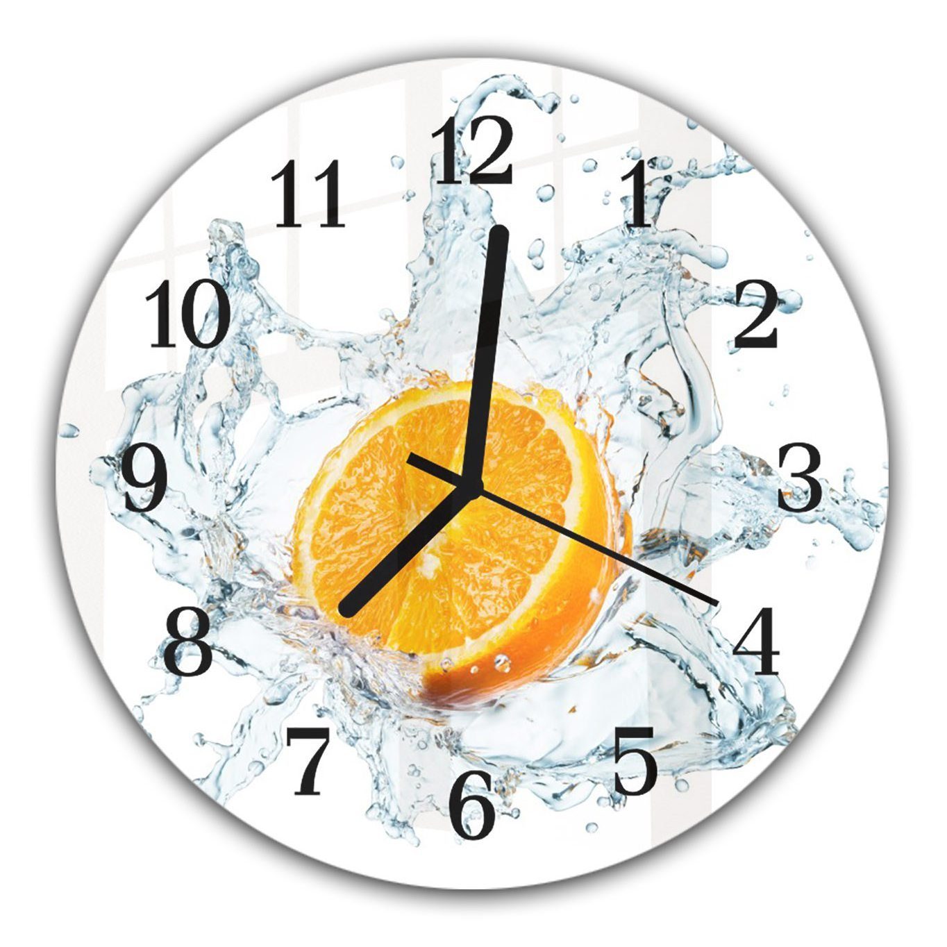 Primedeco Wanduhr Wanduhr aus Glas mit Motiv Halbe Orange auf Wasser Splash - Rund mit Durchmesser 30 cm und Quarzuhrwerk