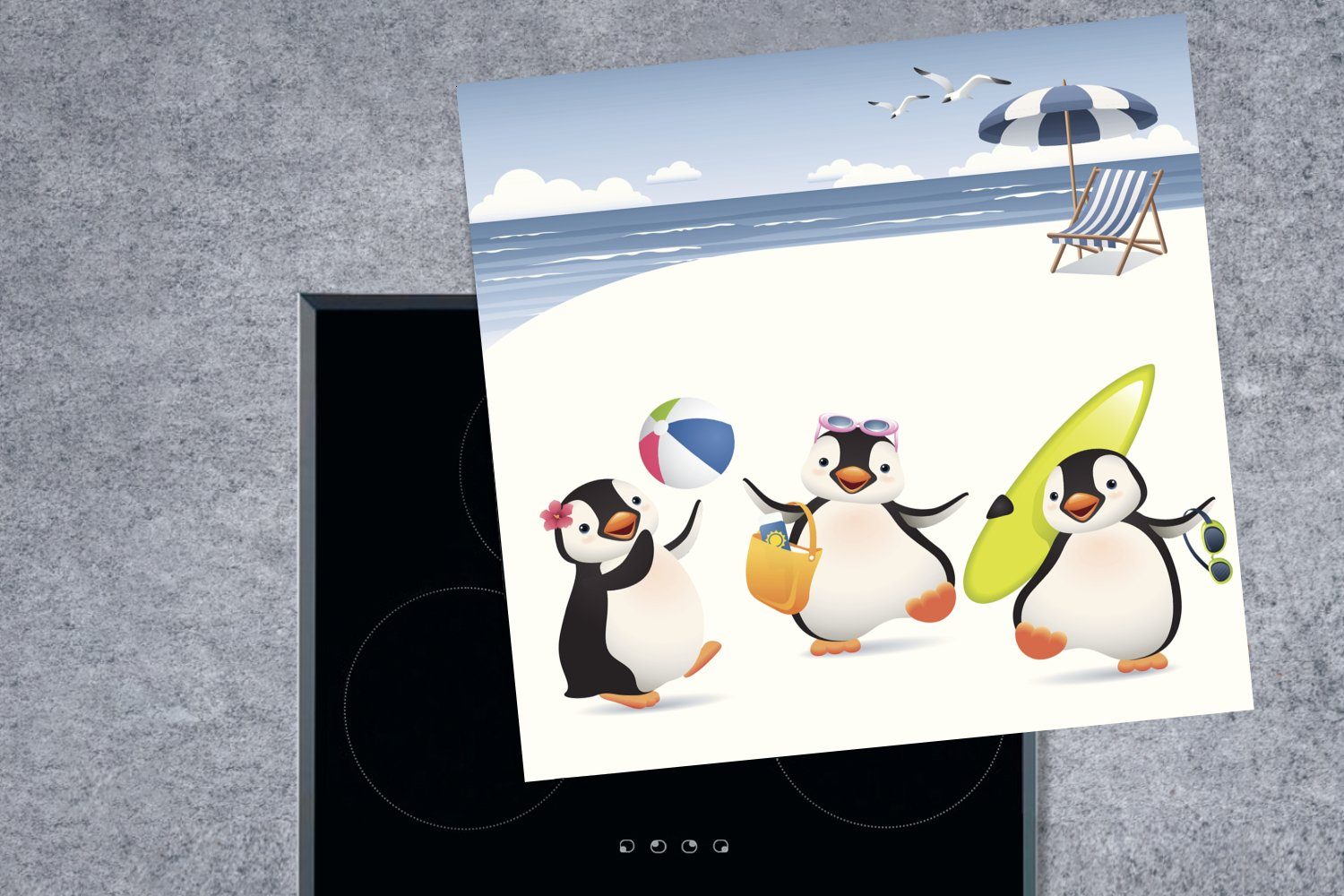 MuchoWow Herdblende-/Abdeckplatte Illustration Ceranfeldabdeckung, 78x78 tlg), spielen, die Vinyl, am Strand küche Pinguinen, für von drei (1 Arbeitsplatte cm