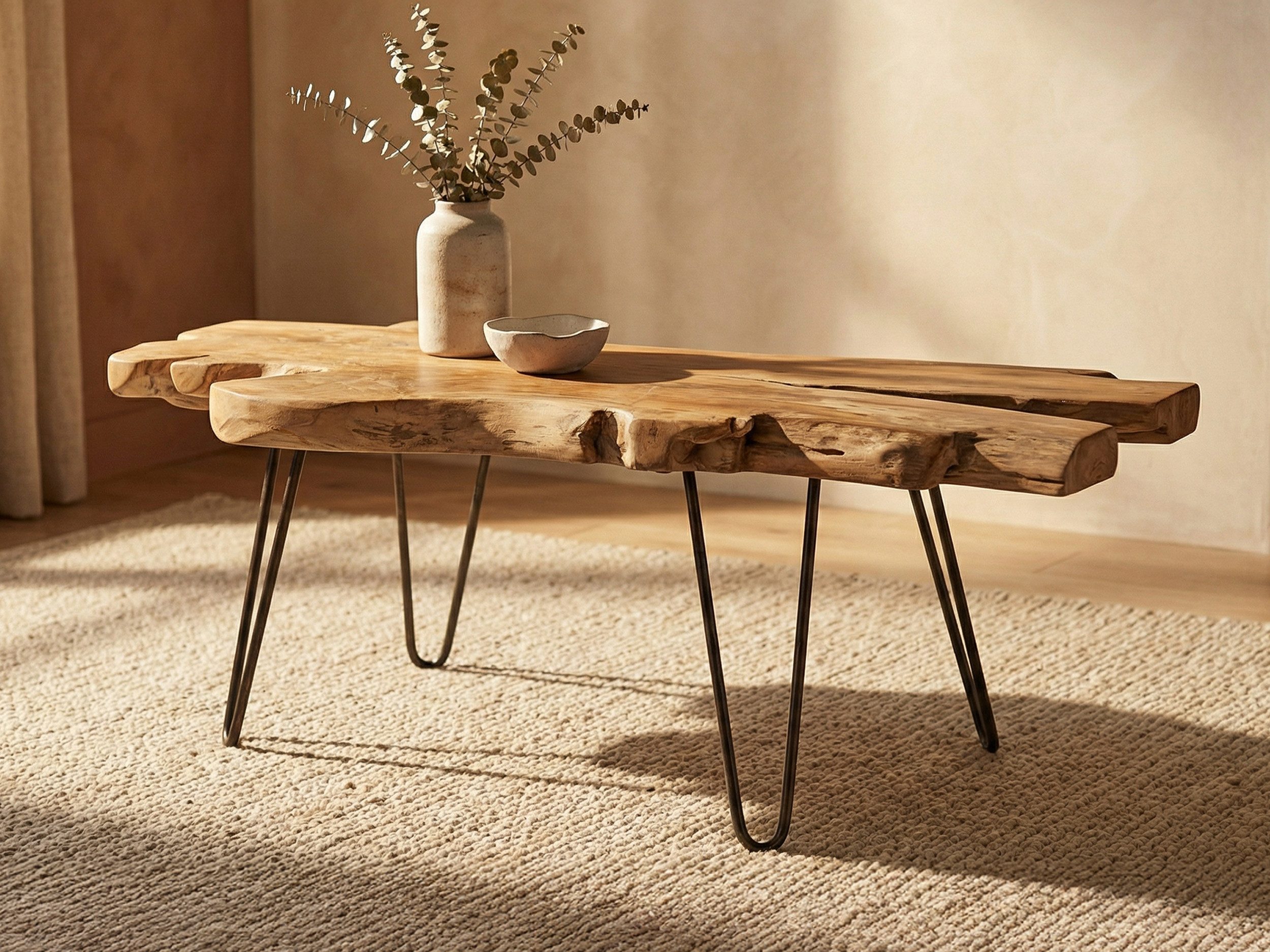 Massivart® Couchtisch Wohnzimmertisch, B 100 cm, Teakholz massiv lackiert »TALLUS«, Massivholz · natürliche Wuchsform · Metallbeine · Wohnzimmer