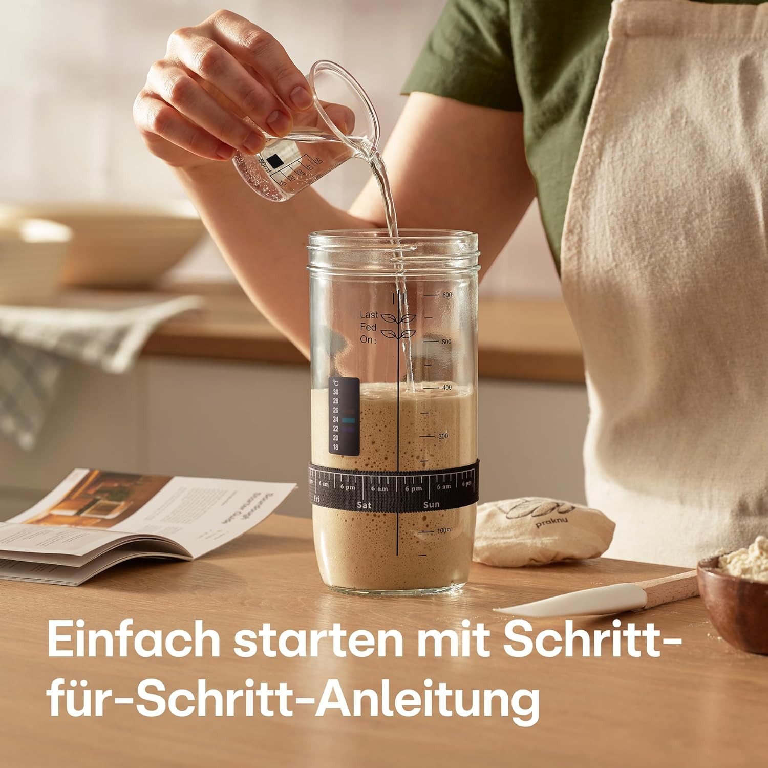 Praknu Fermentationsglas Sauerteig Starter Set aus Glas (700 ml) Komplett - Set mit Anleitung, Glas, Silikon, Baumwolle, Metall, (Starter Set, Komplett-Set für  – Bild 2 von 5