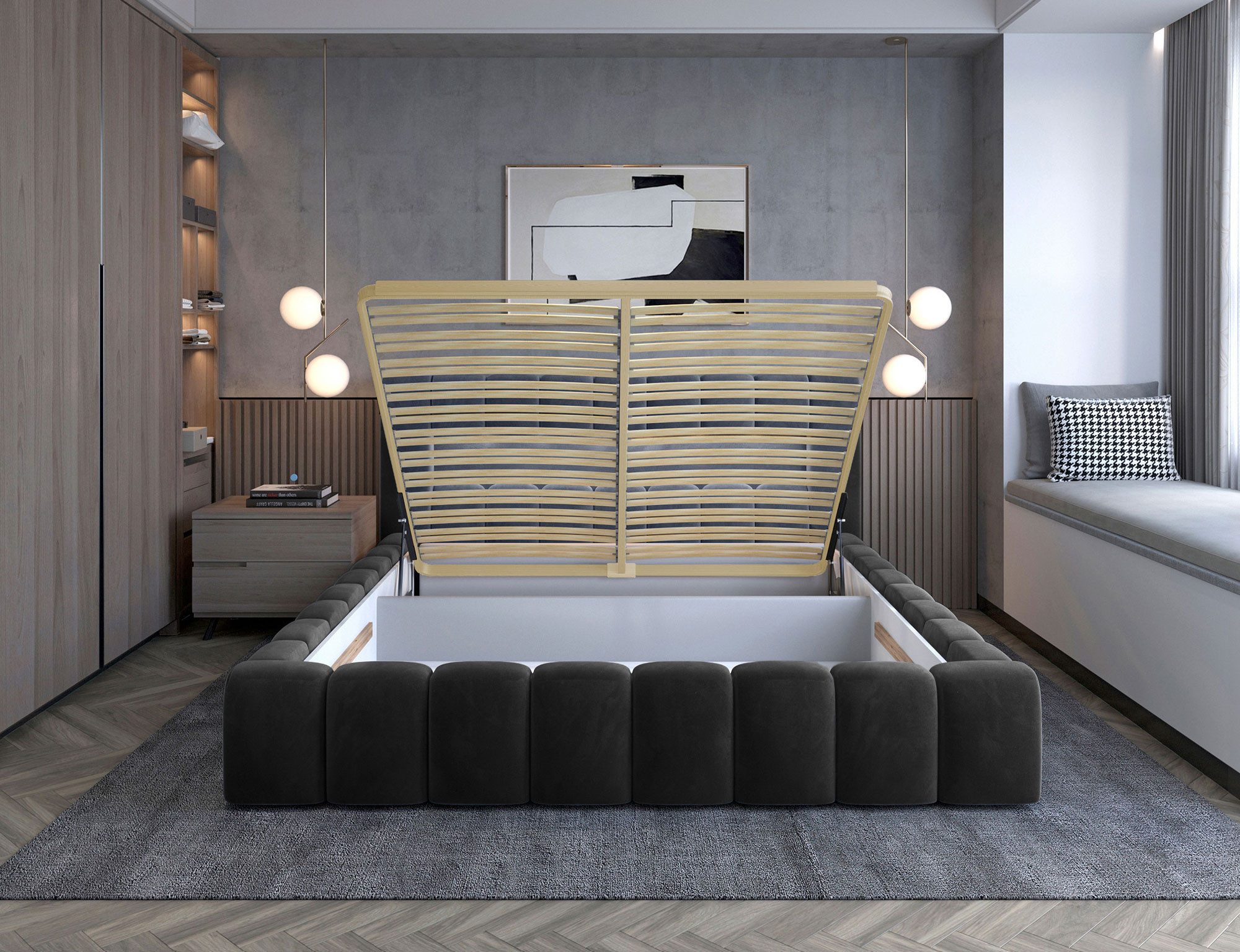 Lukas Möbel Polsterbett Doppelbett Mika Polsterbett mit Bettkasten Lattenrost u. LED (Bett mit Lattenrost), mit Lattenrost Bettkasten und LED