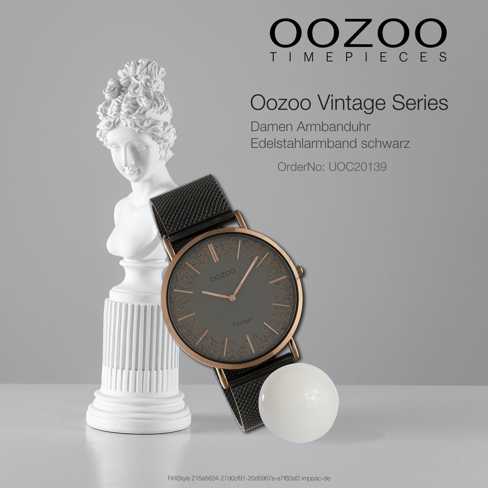 Damen groß 40mm) Quarzuhr (ca. Edelstahlarmband, Damenuhr Oozoo Casual-Style Analog, Armbanduhr OOZOO rund, schwarz