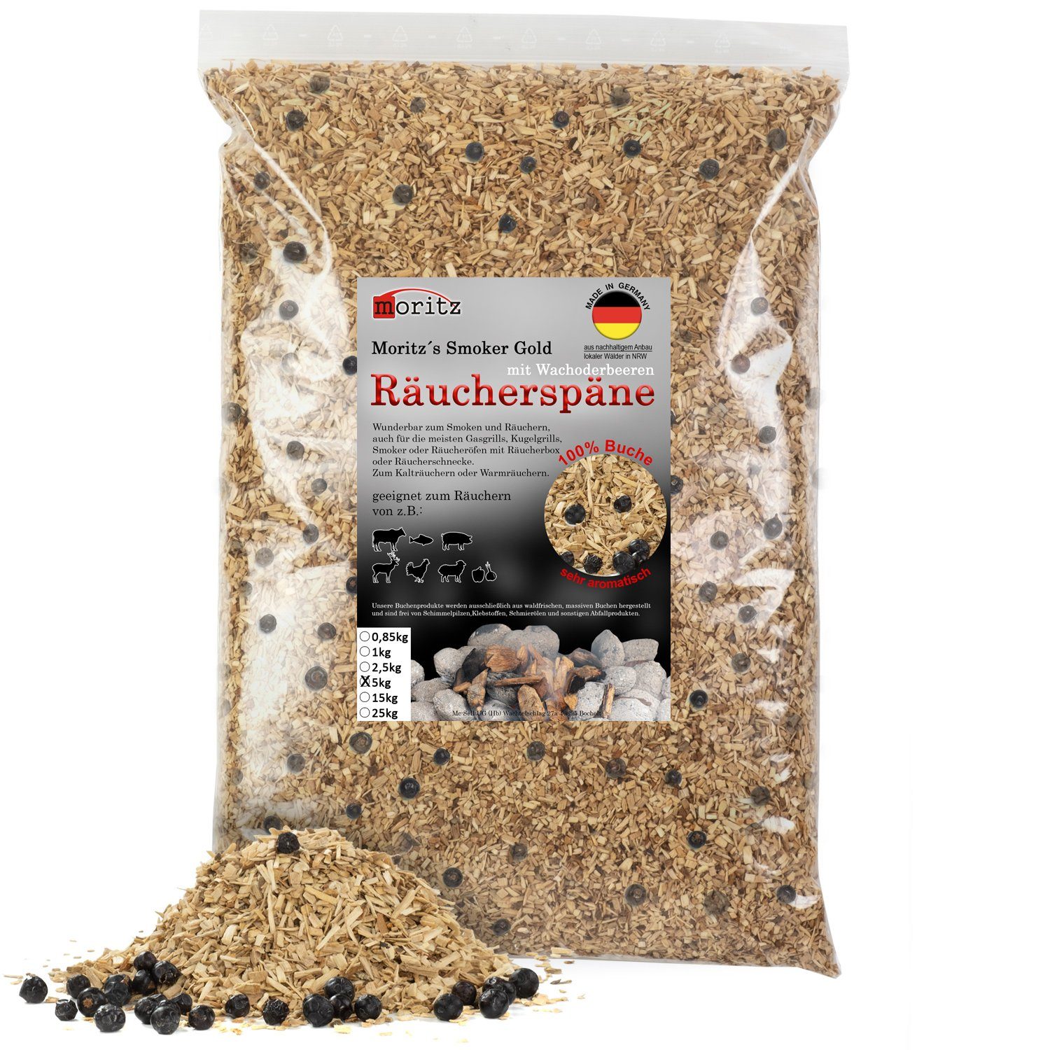 Moritz Räucherbox 5kg Räucherspäne Buche mit Wacholder fein 0,75 -2 mm zum smoken, räuchern/kalträuchern von Fleisch, Fisch, Gemüse geeignet